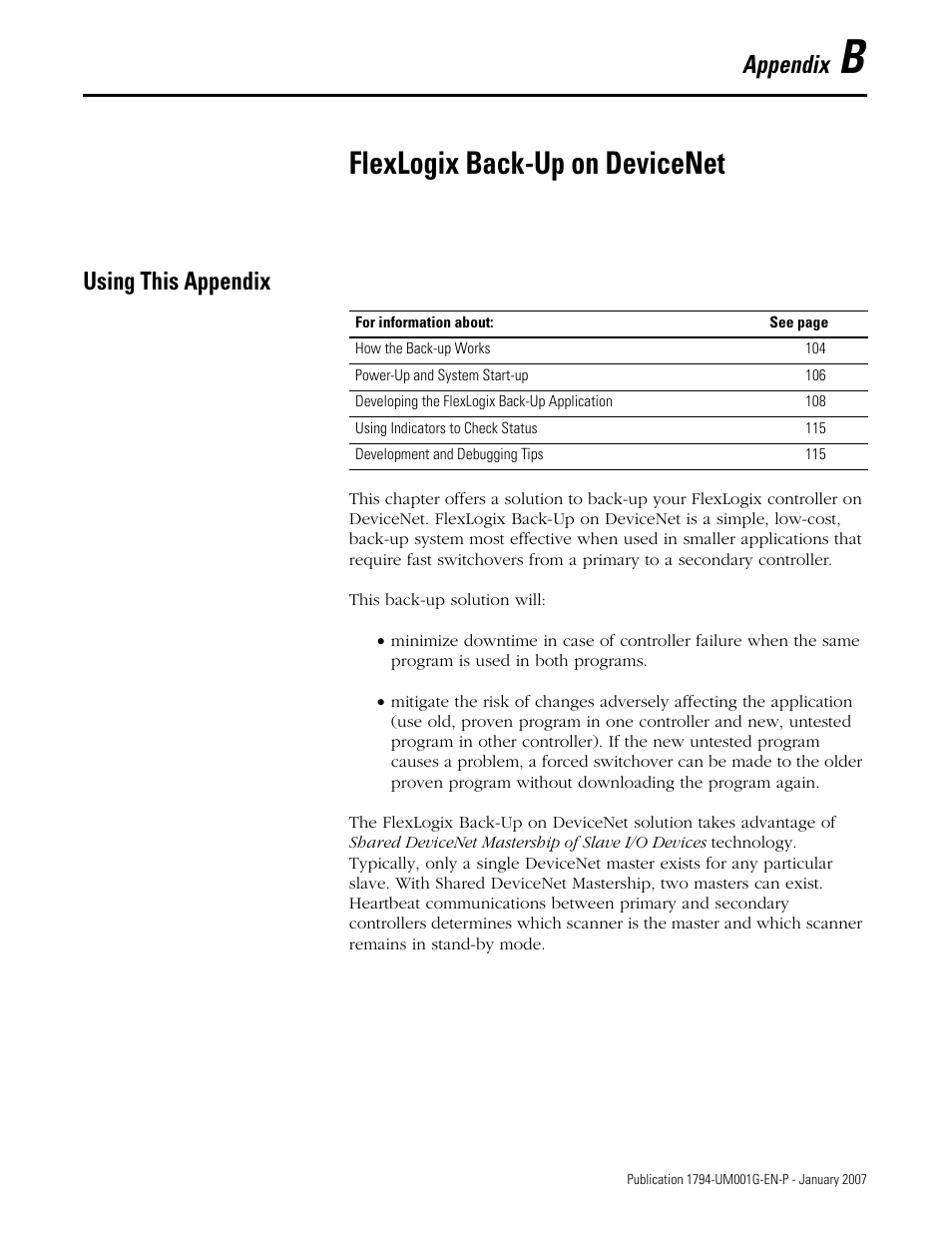 B - flexlogix back-up on devicenet, Using this appendix, Appendix b | Flexlogix back-up on devicenet, Appendix | Rockwell Automation 1794-L34 FlexLogix Controller System User Manual User Manual | Page 103 / 130