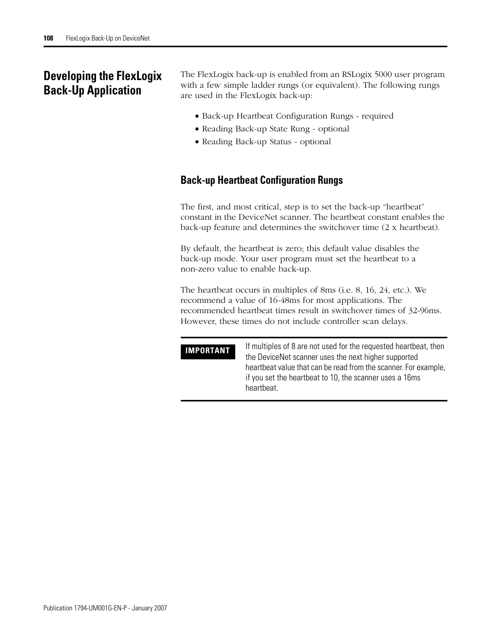 Developing the flexlogix back-up application, Back-up heartbeat configuration rungs | Rockwell Automation 1794-L34 FlexLogix Controller System User Manual User Manual | Page 108 / 130