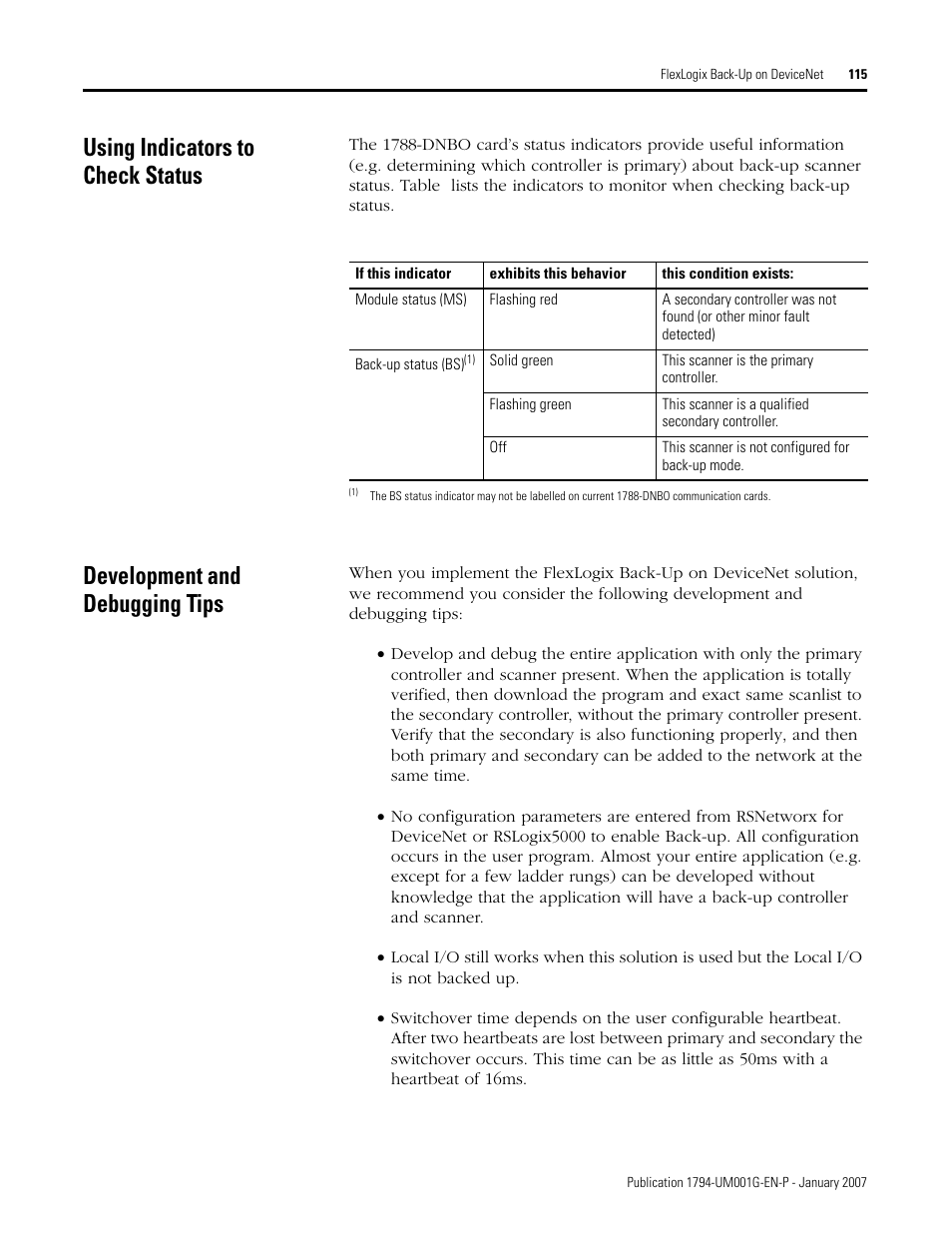 Using indicators to check status, Development and debugging tips | Rockwell Automation 1794-L34 FlexLogix Controller System User Manual User Manual | Page 115 / 130