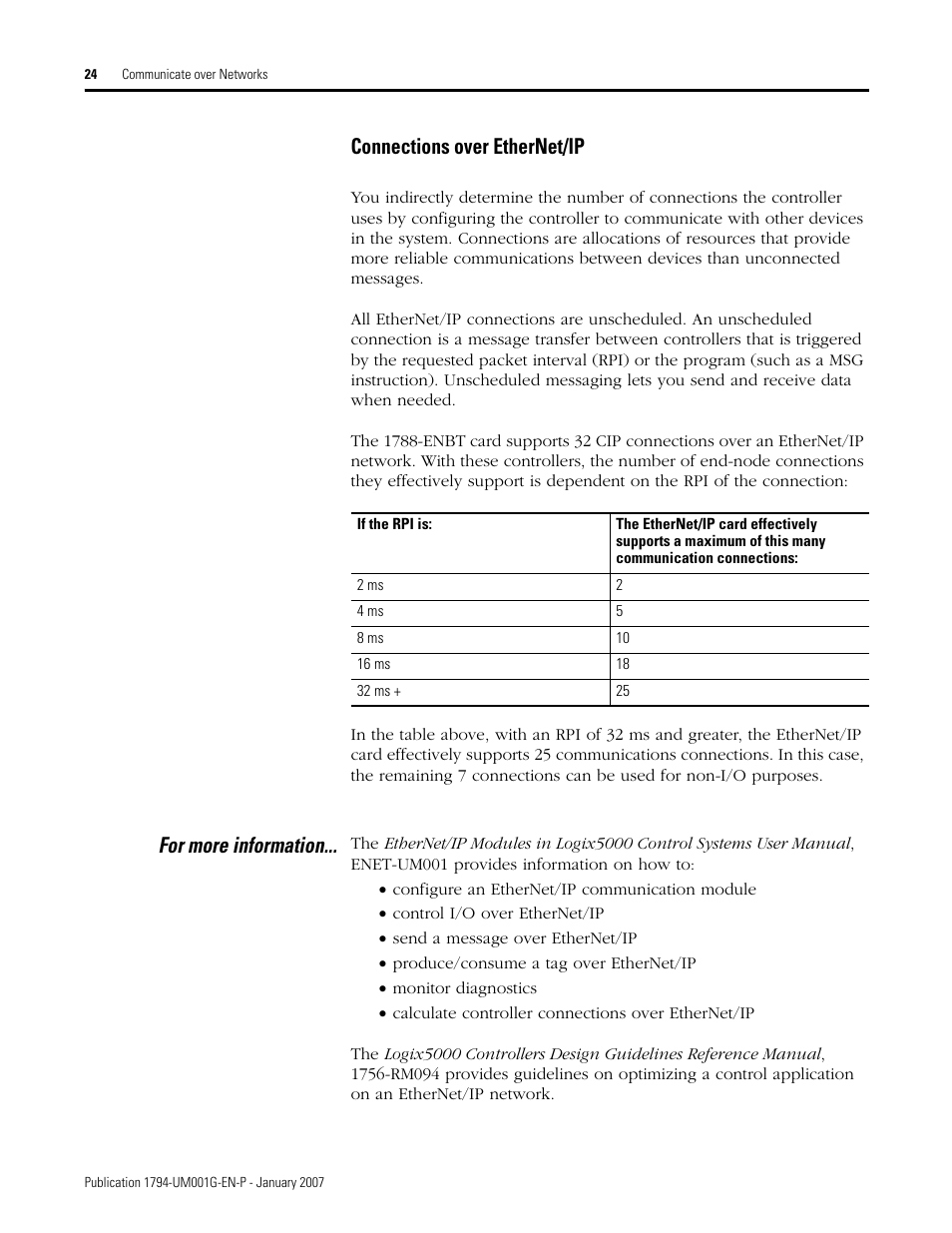 Connections over ethernet/ip, For more information | Rockwell Automation 1794-L34 FlexLogix Controller System User Manual User Manual | Page 24 / 130