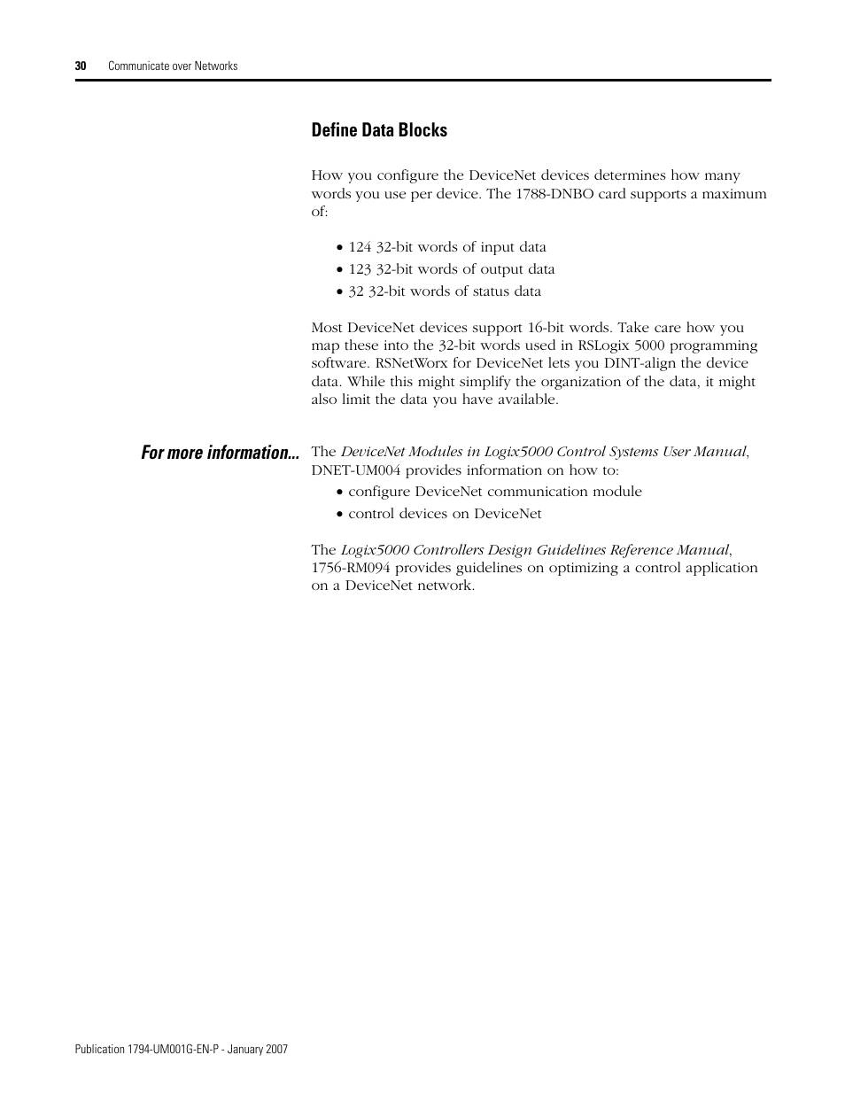 Define data blocks, For more information | Rockwell Automation 1794-L34 FlexLogix Controller System User Manual User Manual | Page 30 / 130