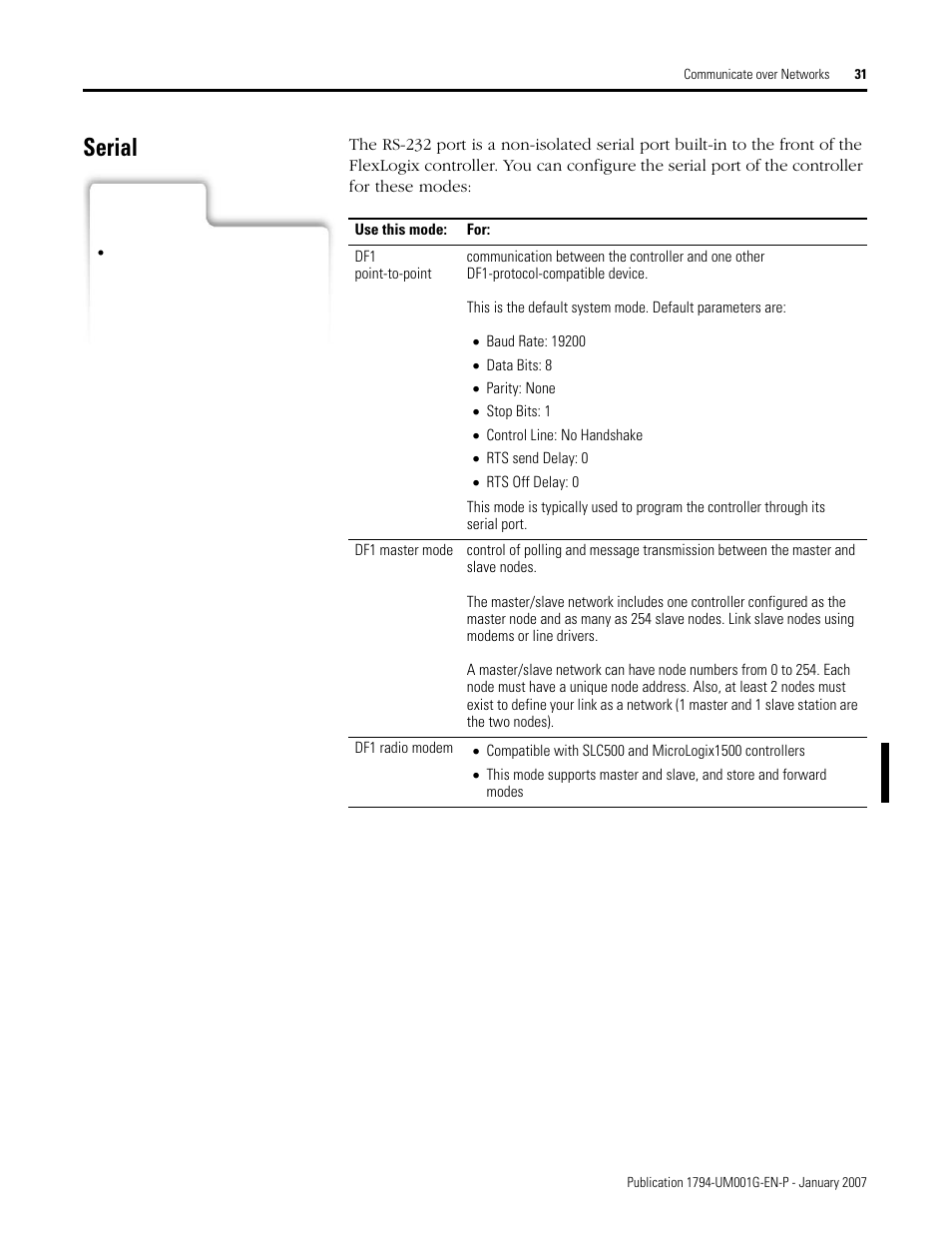 Serial, Df1 radio modem | Rockwell Automation 1794-L34 FlexLogix Controller System User Manual User Manual | Page 31 / 130