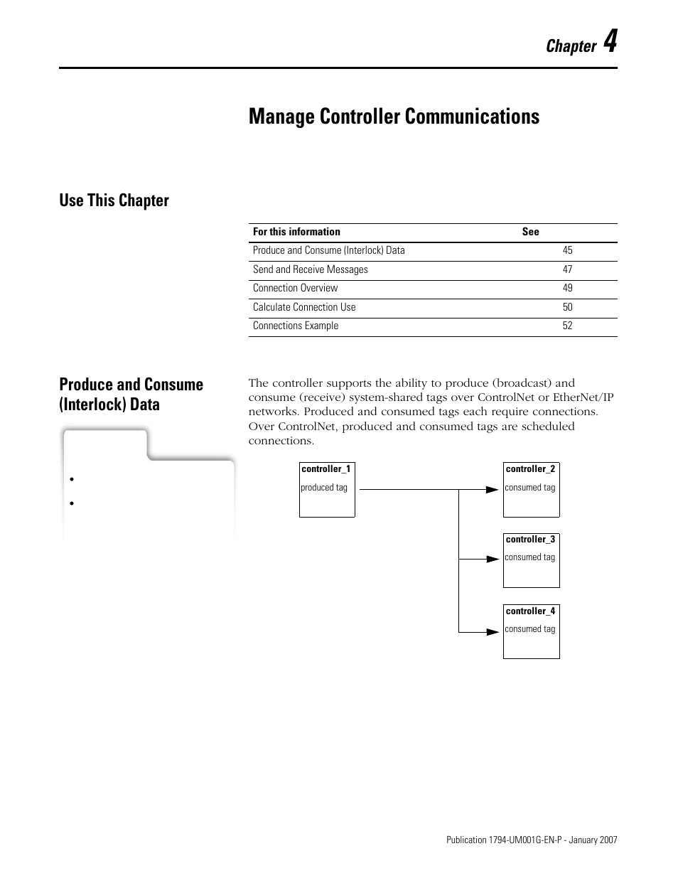 4 - manage controller communications, Use this chapter, Produce and consume (interlock) data | Chapter 4, Manage controller communications, Chapter | Rockwell Automation 1794-L34 FlexLogix Controller System User Manual User Manual | Page 45 / 130