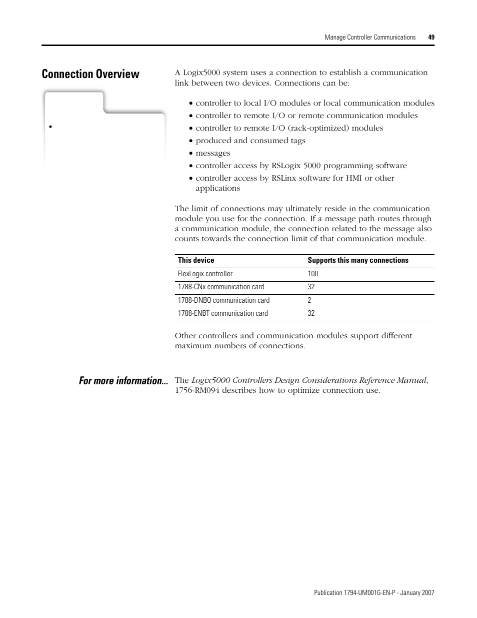 Connection overview, For more information | Rockwell Automation 1794-L34 FlexLogix Controller System User Manual User Manual | Page 49 / 130