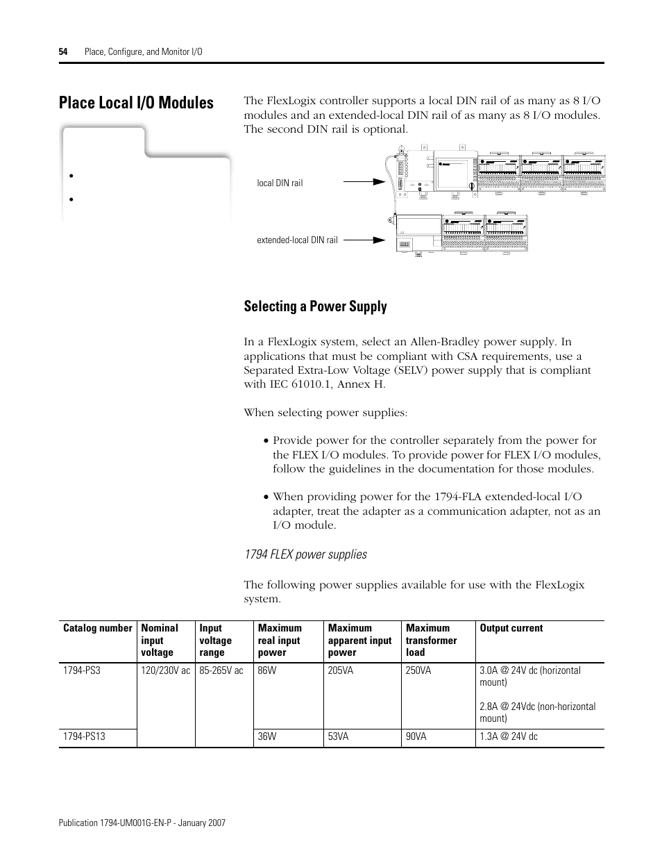 Place local i/o modules, Selecting a power supply | Rockwell Automation 1794-L34 FlexLogix Controller System User Manual User Manual | Page 54 / 130