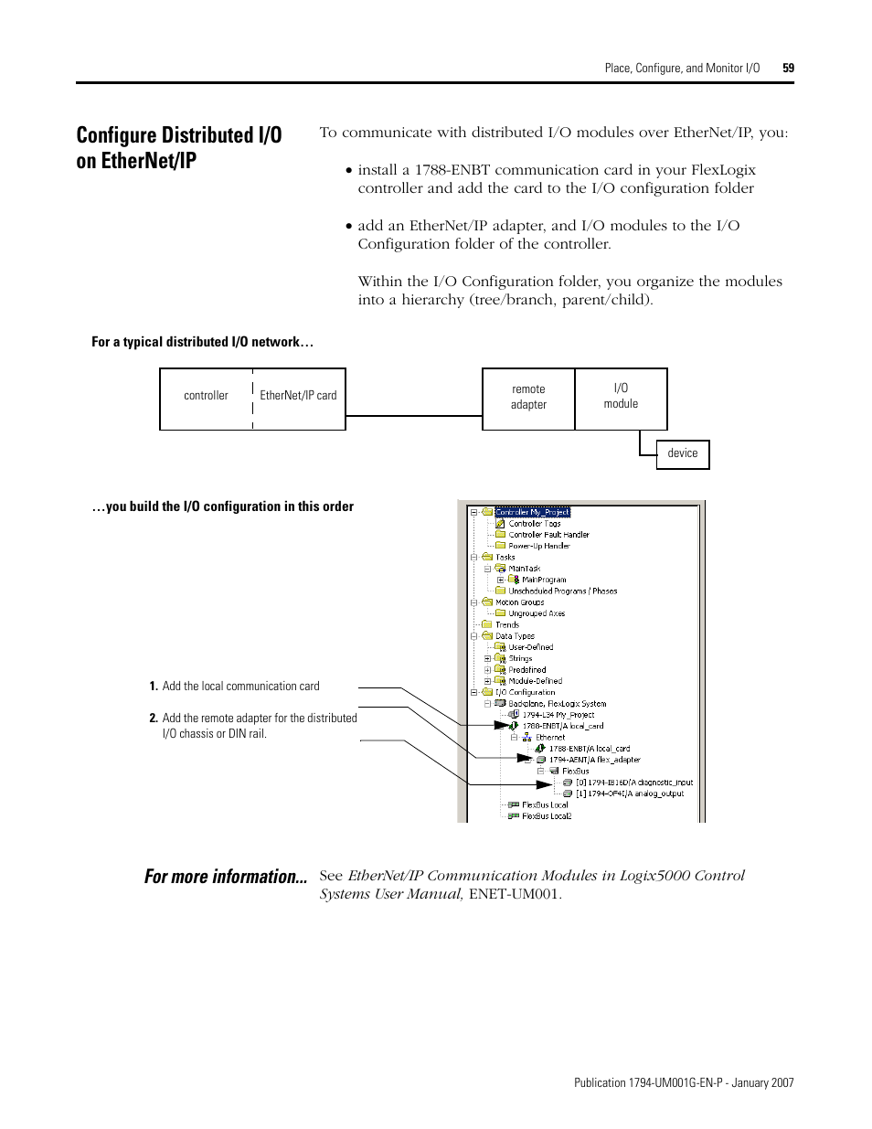 Configure distributed i/o on ethernet/ip, For more information | Rockwell Automation 1794-L34 FlexLogix Controller System User Manual User Manual | Page 59 / 130