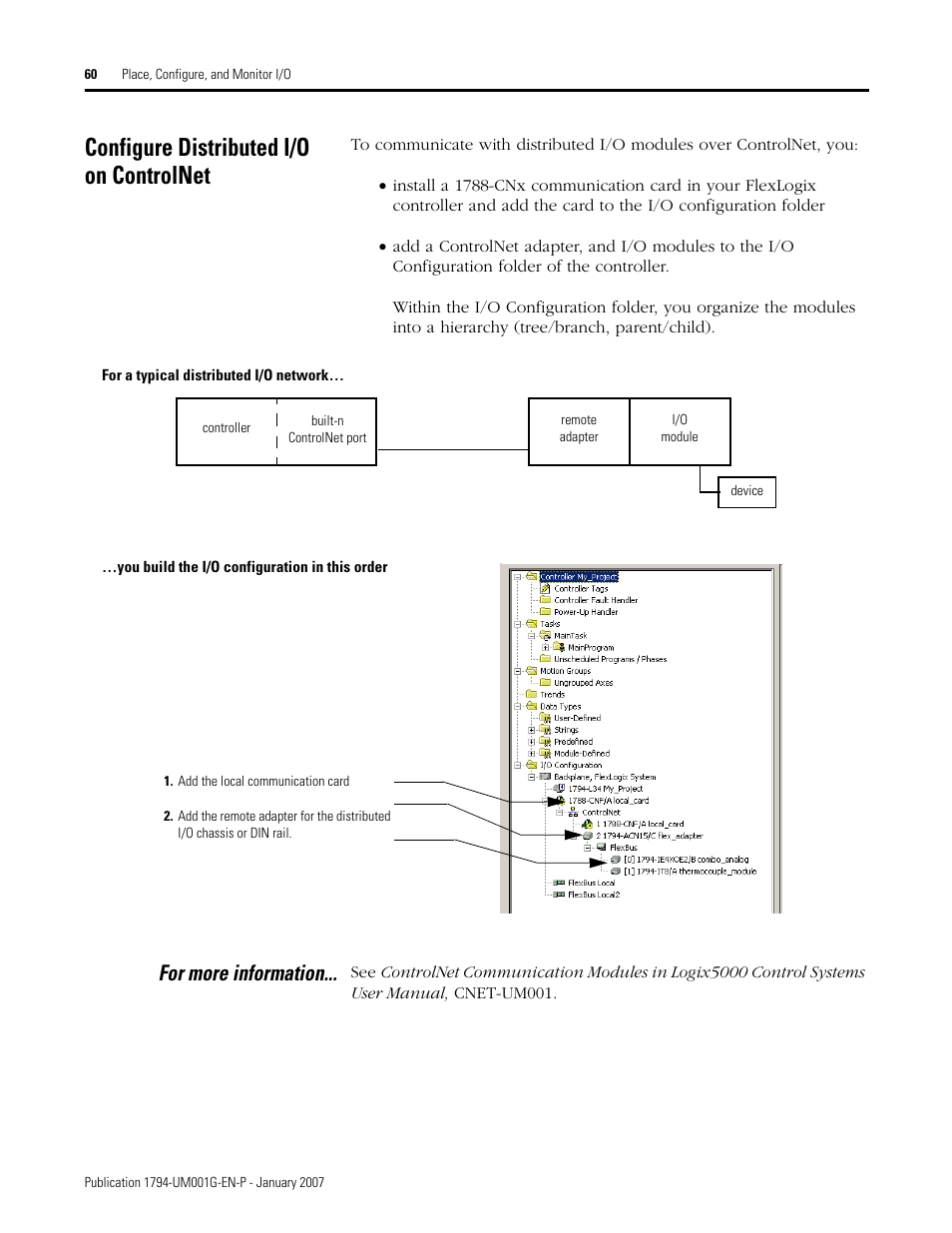 Configure distributed i/o on controlnet, For more information | Rockwell Automation 1794-L34 FlexLogix Controller System User Manual User Manual | Page 60 / 130