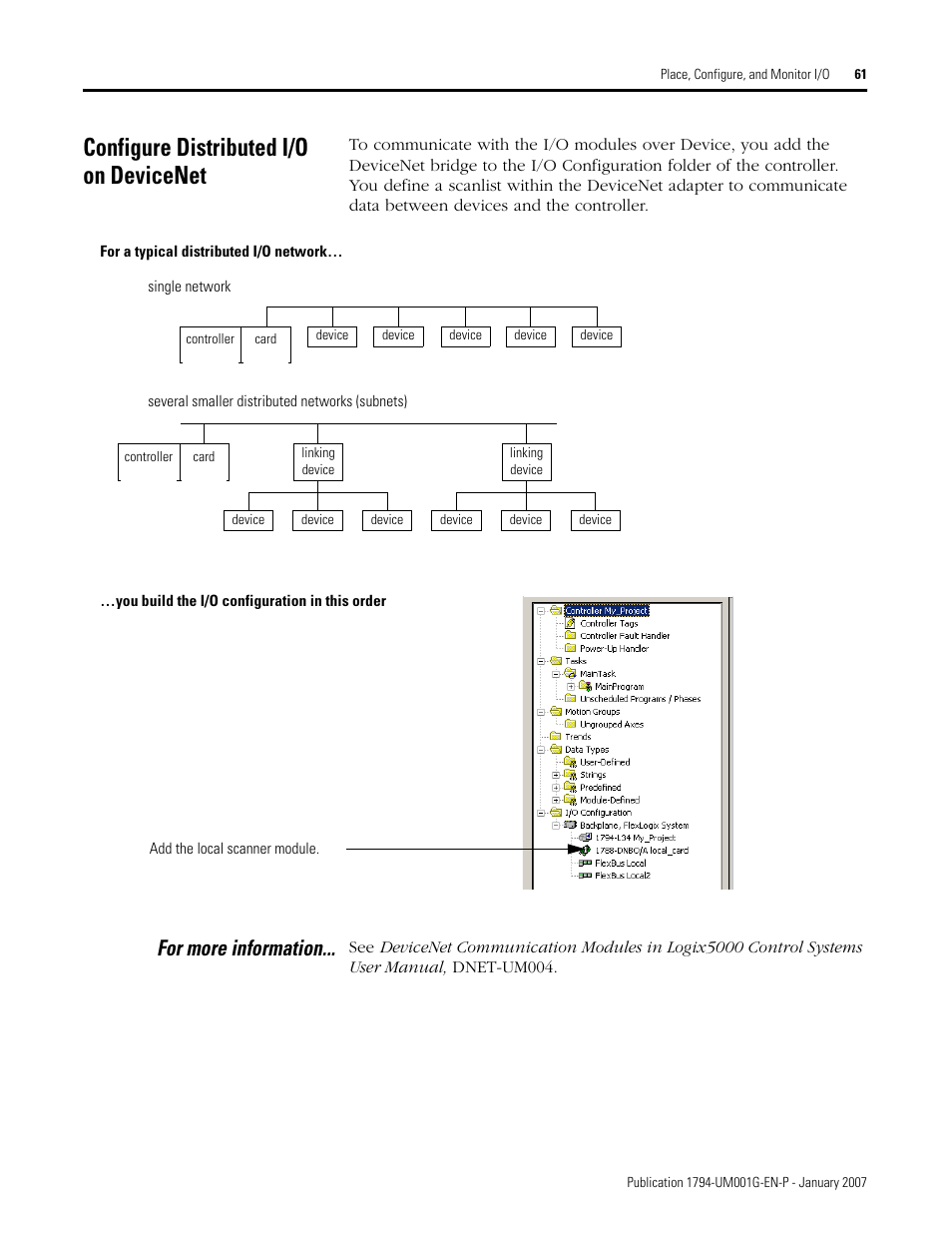 Configure distributed i/o on devicenet, For more information | Rockwell Automation 1794-L34 FlexLogix Controller System User Manual User Manual | Page 61 / 130