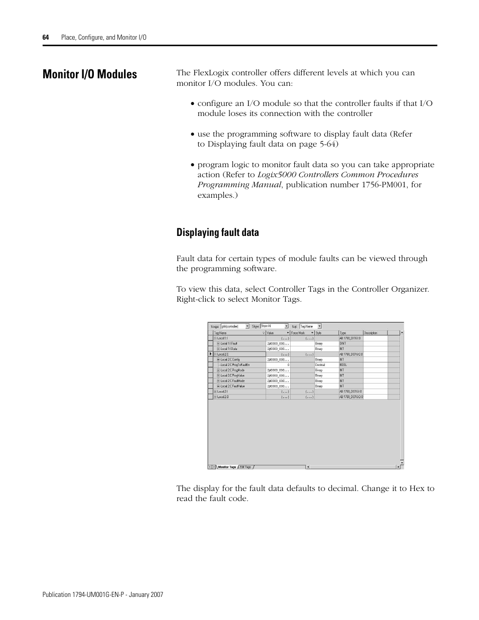 Monitor i/o modules, Displaying fault data | Rockwell Automation 1794-L34 FlexLogix Controller System User Manual User Manual | Page 64 / 130