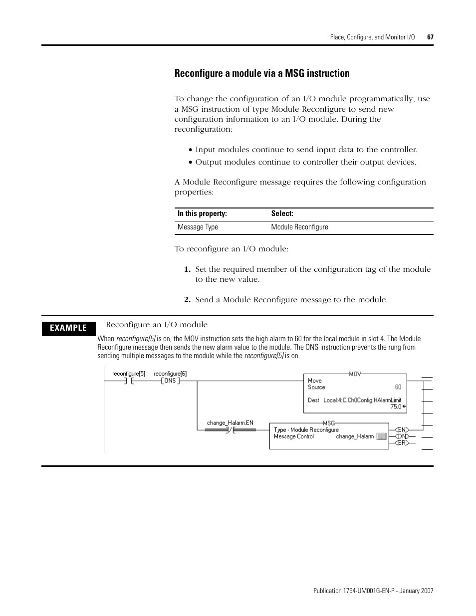 Reconfigure a module via a msg instruction | Rockwell Automation 1794-L34 FlexLogix Controller System User Manual User Manual | Page 67 / 130