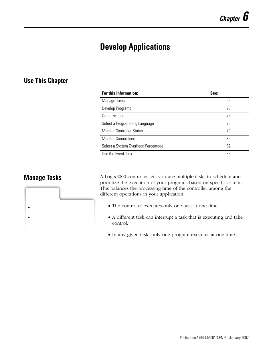 6 - develop applications, Use this chapter, Manage tasks | Chapter 6, Develop applications, Use this chapter manage tasks, Chapter | Rockwell Automation 1794-L34 FlexLogix Controller System User Manual User Manual | Page 69 / 130