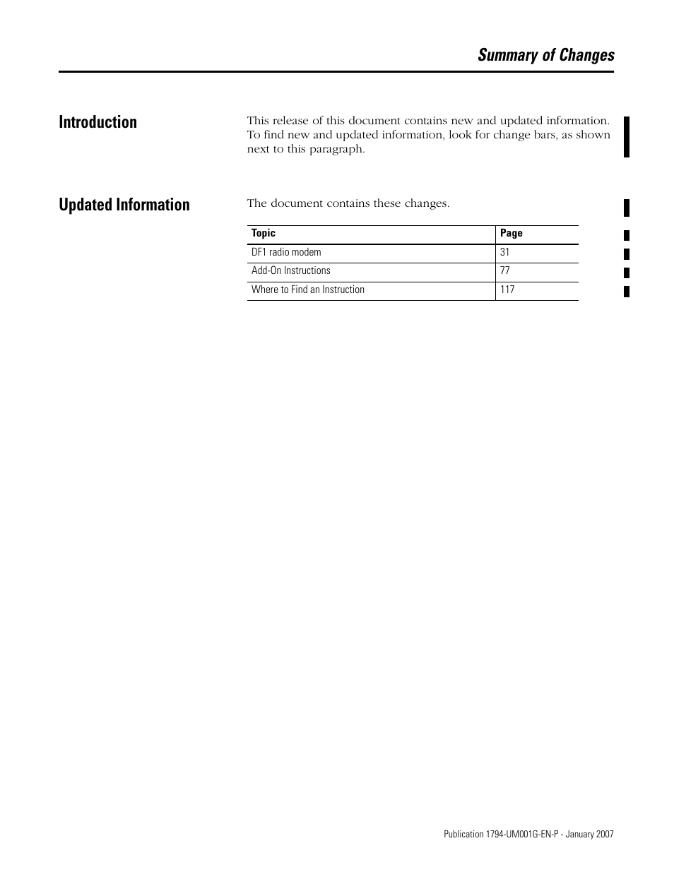 Summary of changes, Introduction, Updated information | Mmary of changes, Introduction updated information, Summary of changes introduction | Rockwell Automation 1794-L34 FlexLogix Controller System User Manual User Manual | Page 7 / 130