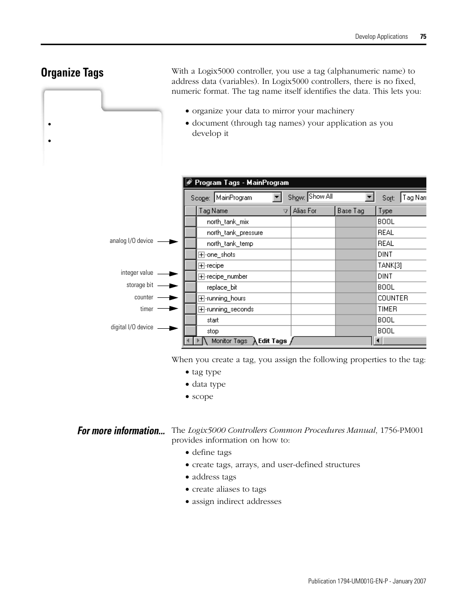 Organize tags, For more information | Rockwell Automation 1794-L34 FlexLogix Controller System User Manual User Manual | Page 75 / 130