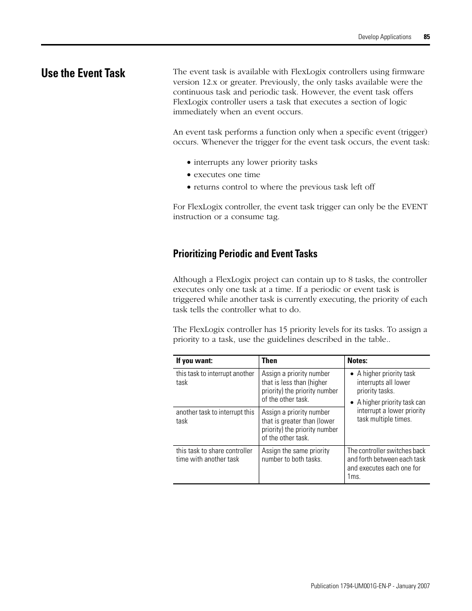 Use the event task, Prioritizing periodic and event tasks | Rockwell Automation 1794-L34 FlexLogix Controller System User Manual User Manual | Page 85 / 130