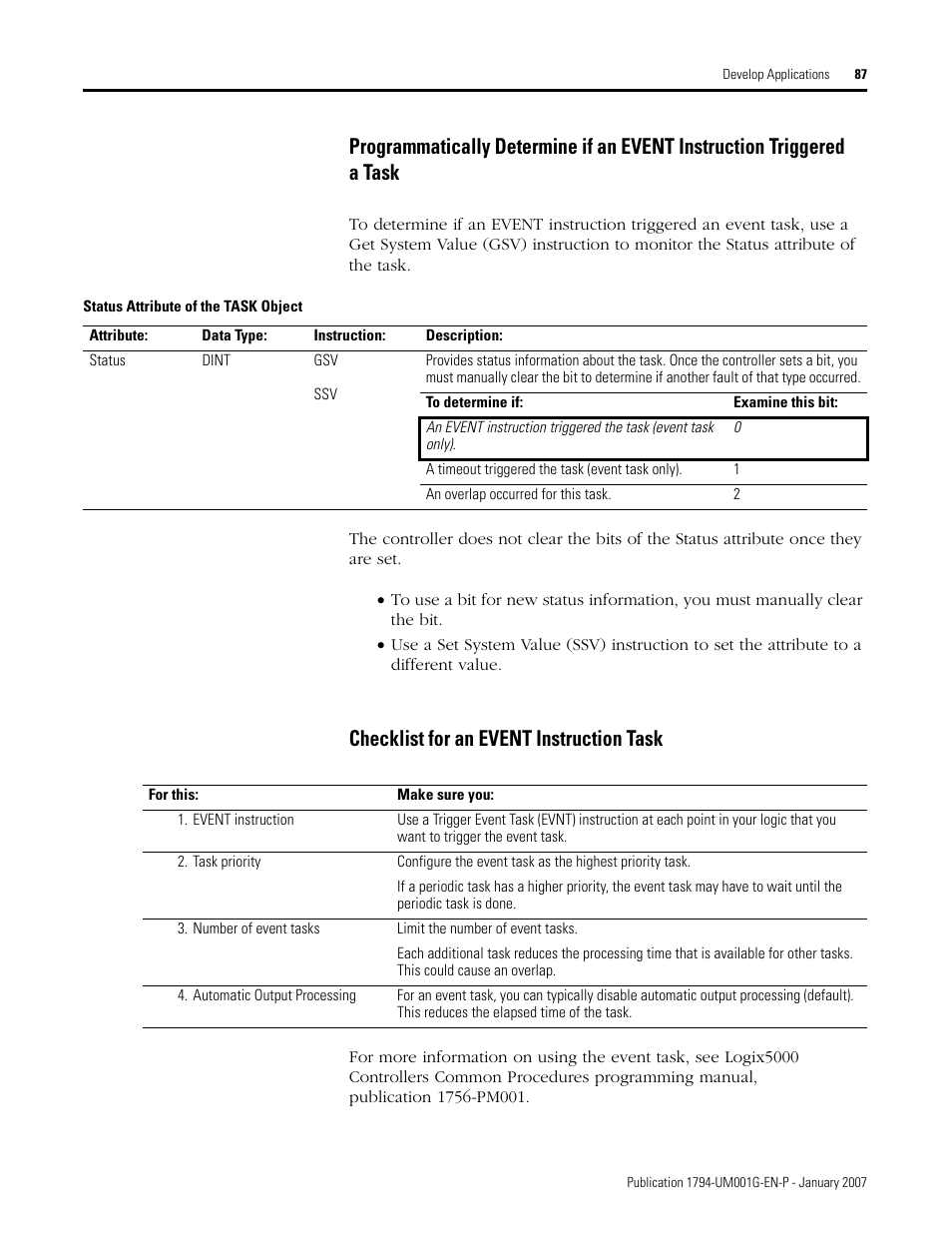 Checklist for an event instruction task | Rockwell Automation 1794-L34 FlexLogix Controller System User Manual User Manual | Page 87 / 130