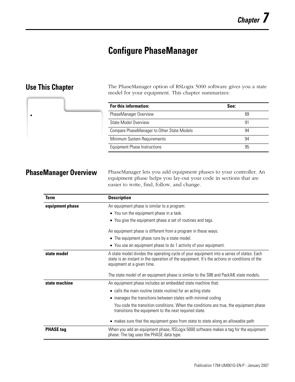 7 - configure phasemanager, Use this chapter, Phasemanager overview | Chapter 7, Configure phasemanager, Use this chapter phasemanager overview, Chapter | Rockwell Automation 1794-L34 FlexLogix Controller System User Manual User Manual | Page 89 / 130