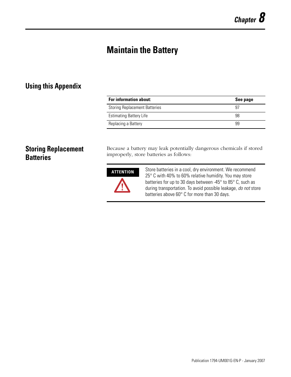 8 - maintain the battery, Using this appendix, Storing replacement batteries | Chapter 8, Maintain the battery, Using this appendix storing replacement batteries, Chapter | Rockwell Automation 1794-L34 FlexLogix Controller System User Manual User Manual | Page 97 / 130