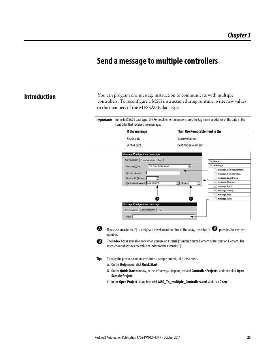 3 - send a message to multiple controllers, Introduction, Age 23 | Chapter 3, Send a message to multiple, Controllers, Send a message to multiple controllers | Rockwell Automation Logix5000 Controllers Messages Programming Manual User Manual | Page 23 / 34