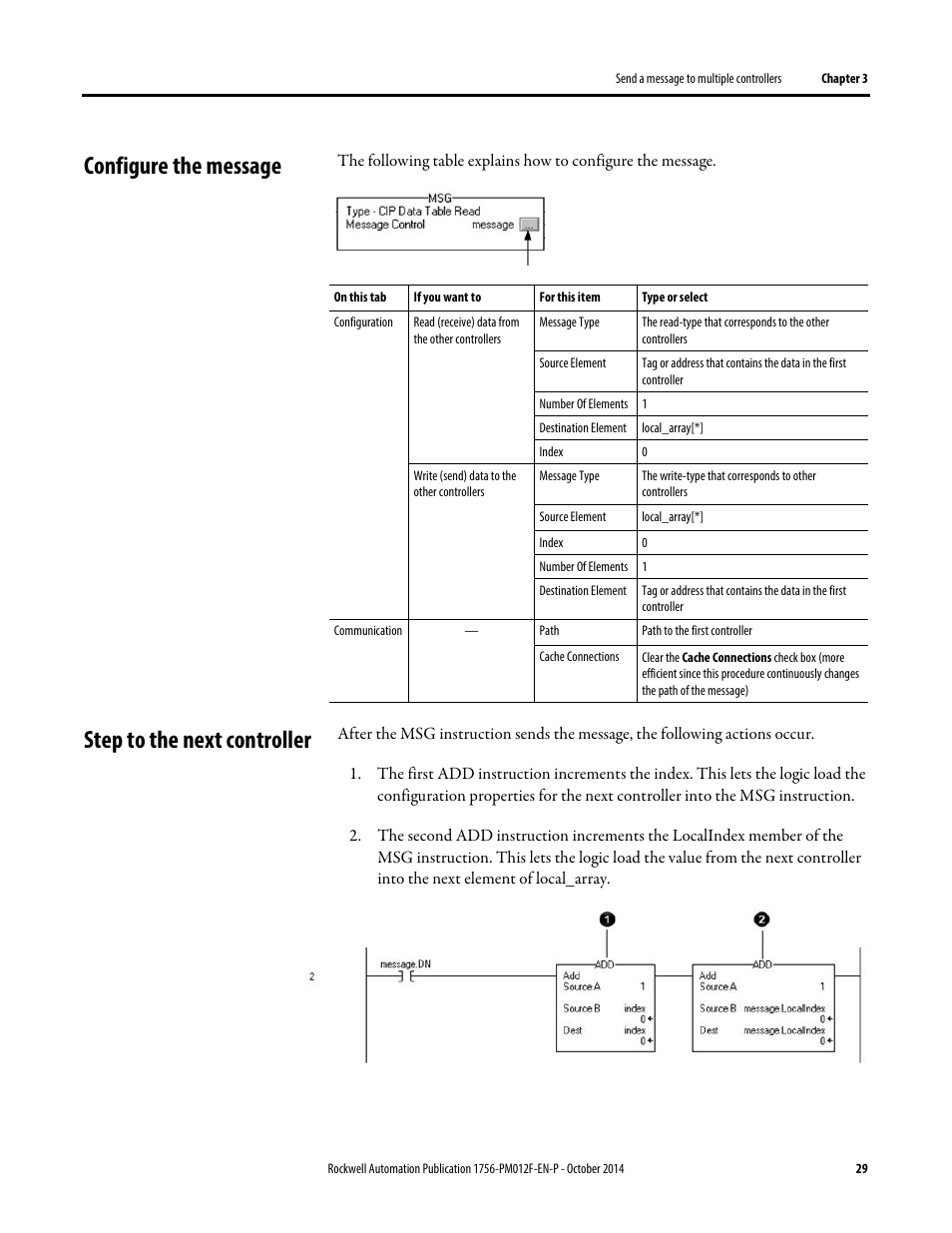 Configure the message, Step to the next controller, Configure the message step to the next controller | Rockwell Automation Logix5000 Controllers Messages Programming Manual User Manual | Page 29 / 34