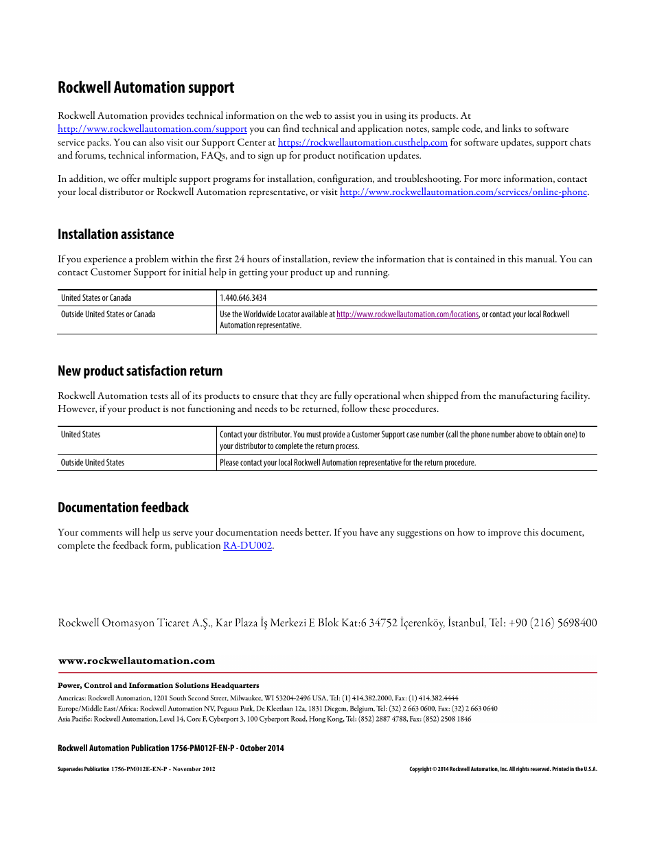 Back cover, Rockwell automation support, Installation assistance | New product satisfaction return, Documentation feedback | Rockwell Automation Logix5000 Controllers Messages Programming Manual User Manual | Page 34 / 34