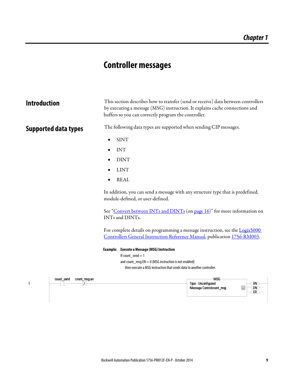1 - controller messages, Introduction, Supported data types | Chapter 1, Controller messages, Introduction supported data types | Rockwell Automation Logix5000 Controllers Messages Programming Manual User Manual | Page 9 / 34