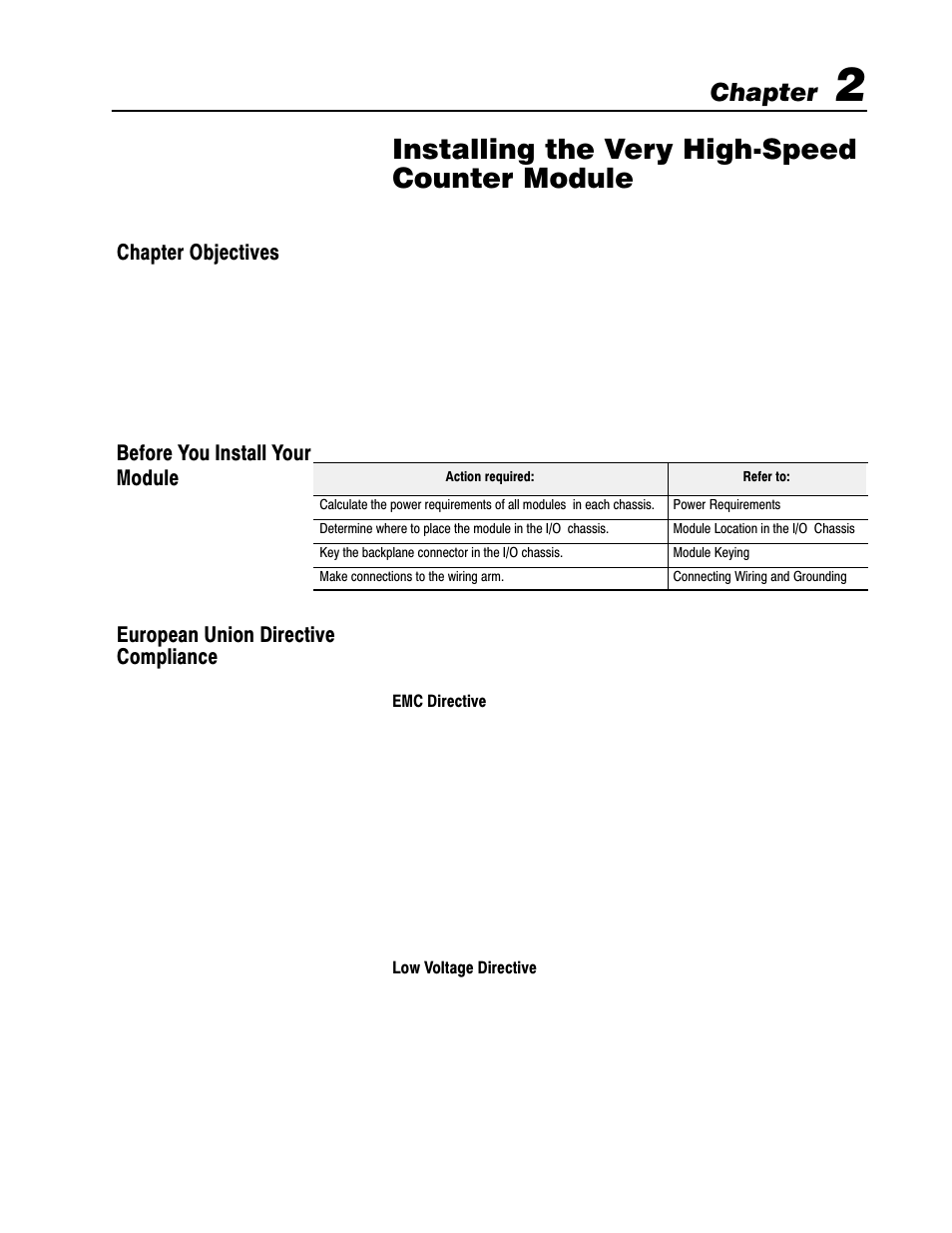 2 - installing the very high speed counter module, Chapter objectives, Before you install your module | European union directive compliance, Installing the very highćspeed counter module, Chapter | Rockwell Automation 1771-VHSC , D17716.5.74 Very High S User Manual | Page 27 / 80