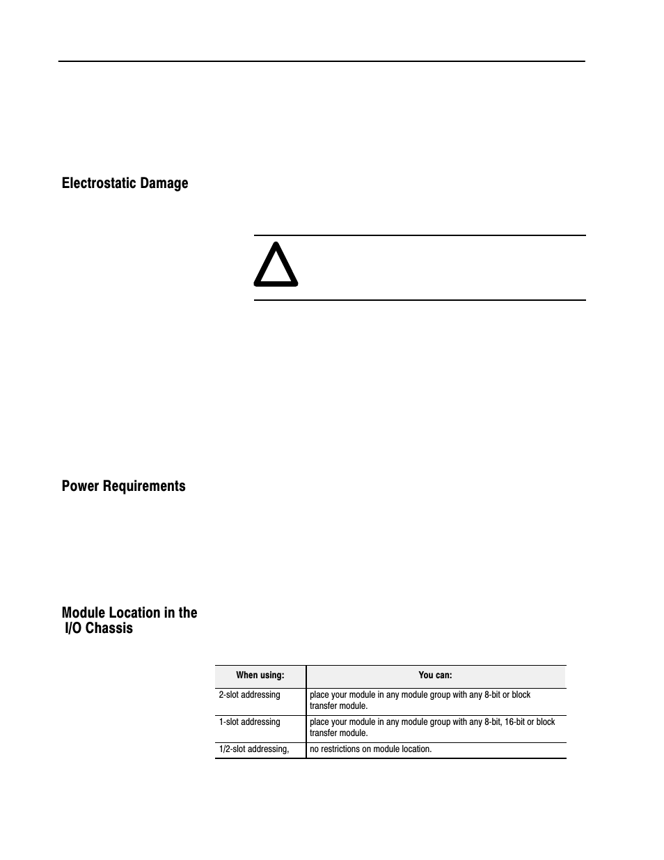 Electrostatic damage, Power requirements, Module location in the i/o chassis | Rockwell Automation 1771-VHSC , D17716.5.74 Very High S User Manual | Page 28 / 80
