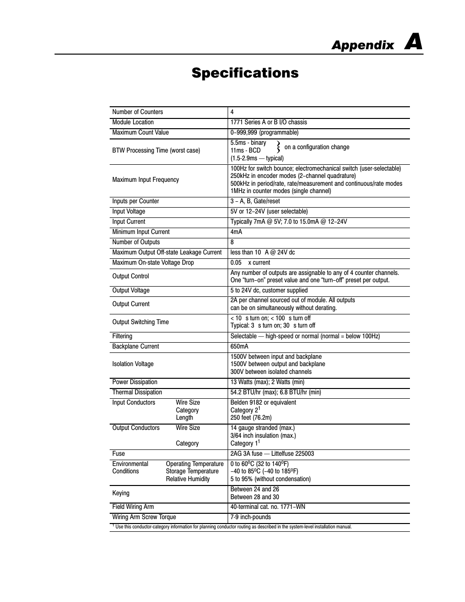 A - specifications, Specifications, Appendix | Rockwell Automation 1771-VHSC , D17716.5.74 Very High S User Manual | Page 53 / 80