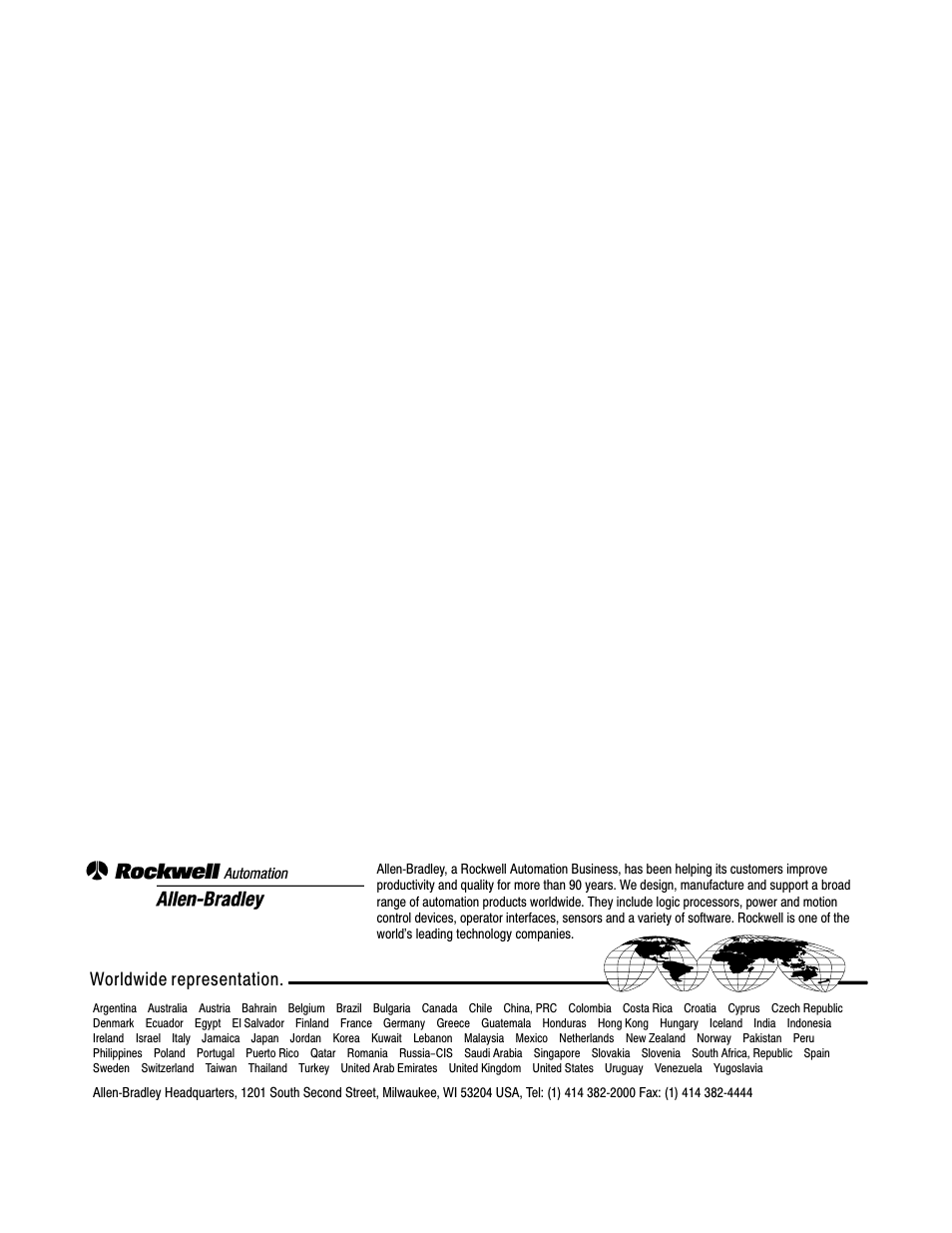 Back cover, Worldwide representation | Rockwell Automation 1771-VHSC , D17716.5.74 Very High S User Manual | Page 80 / 80