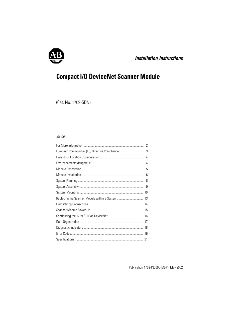 Rockwell Automation 1769-SDN Compact I/O DeviceNet Scanner Module Installation Instructions User Manual | 24 pages