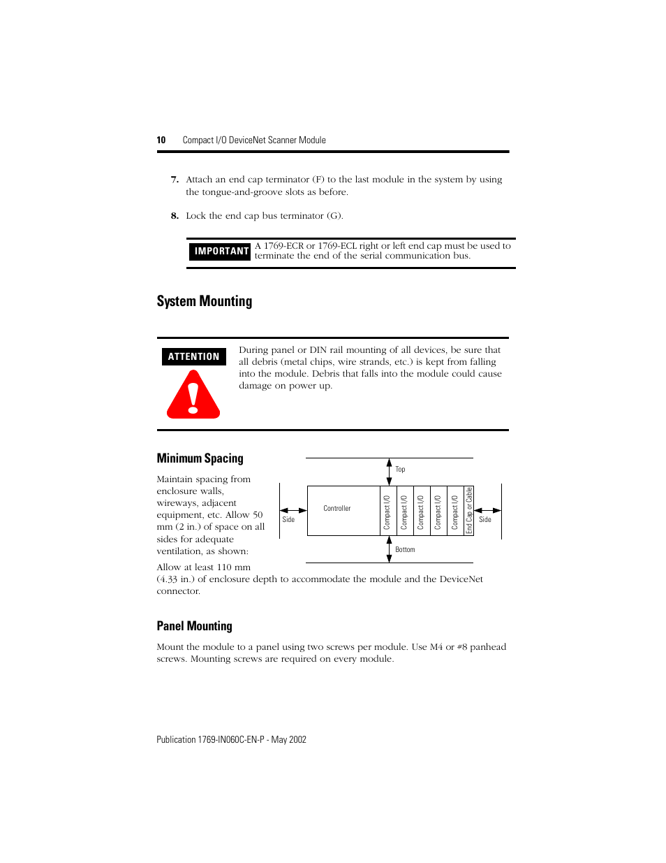 System mounting, Minimum spacing, Panel mounting | Rockwell Automation 1769-SDN Compact I/O DeviceNet Scanner Module Installation Instructions User Manual | Page 10 / 24