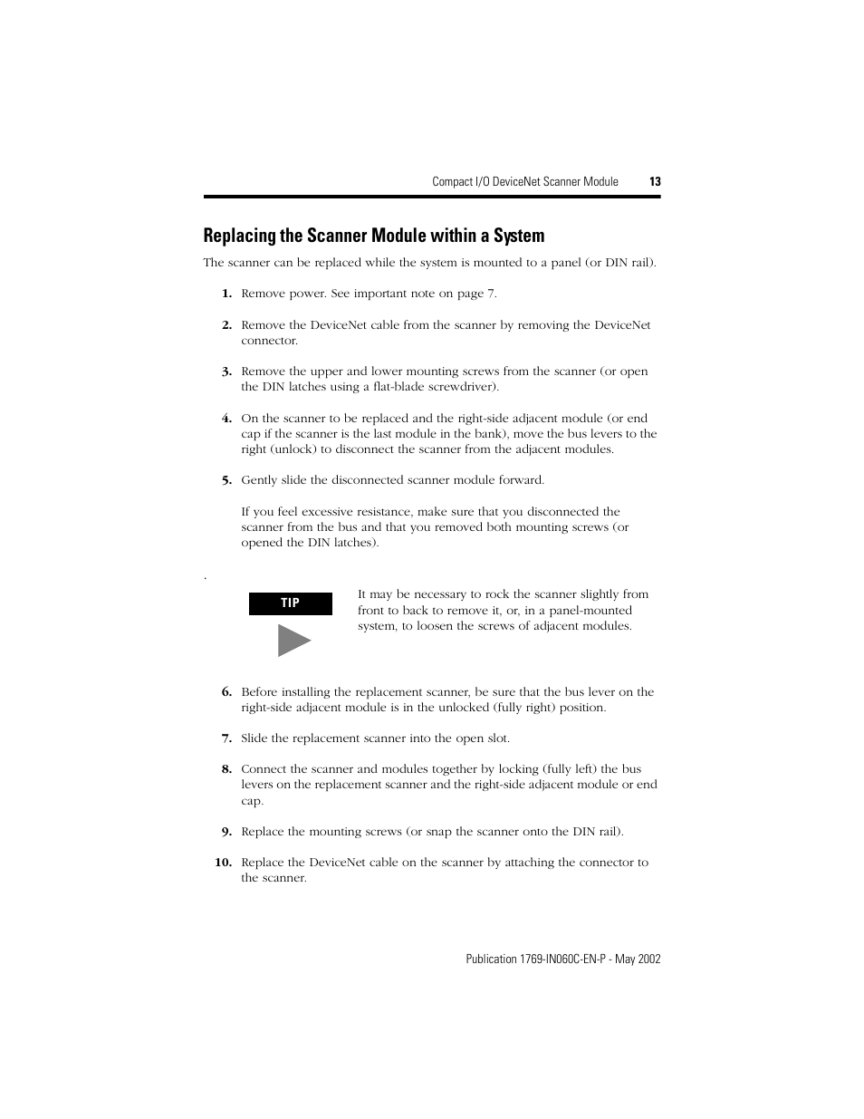 Replacing the scanner module within a system | Rockwell Automation 1769-SDN Compact I/O DeviceNet Scanner Module Installation Instructions User Manual | Page 13 / 24