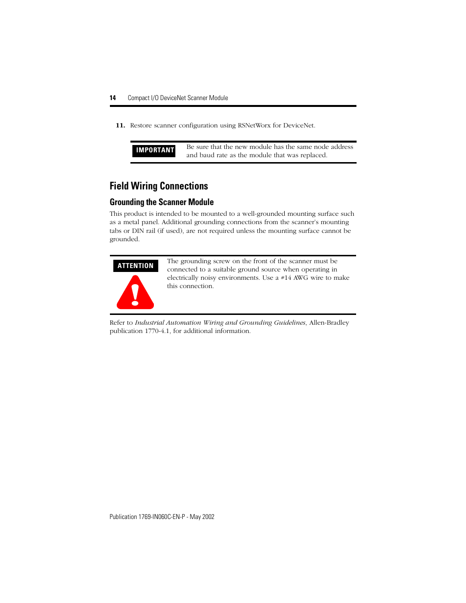 Field wiring connections | Rockwell Automation 1769-SDN Compact I/O DeviceNet Scanner Module Installation Instructions User Manual | Page 14 / 24