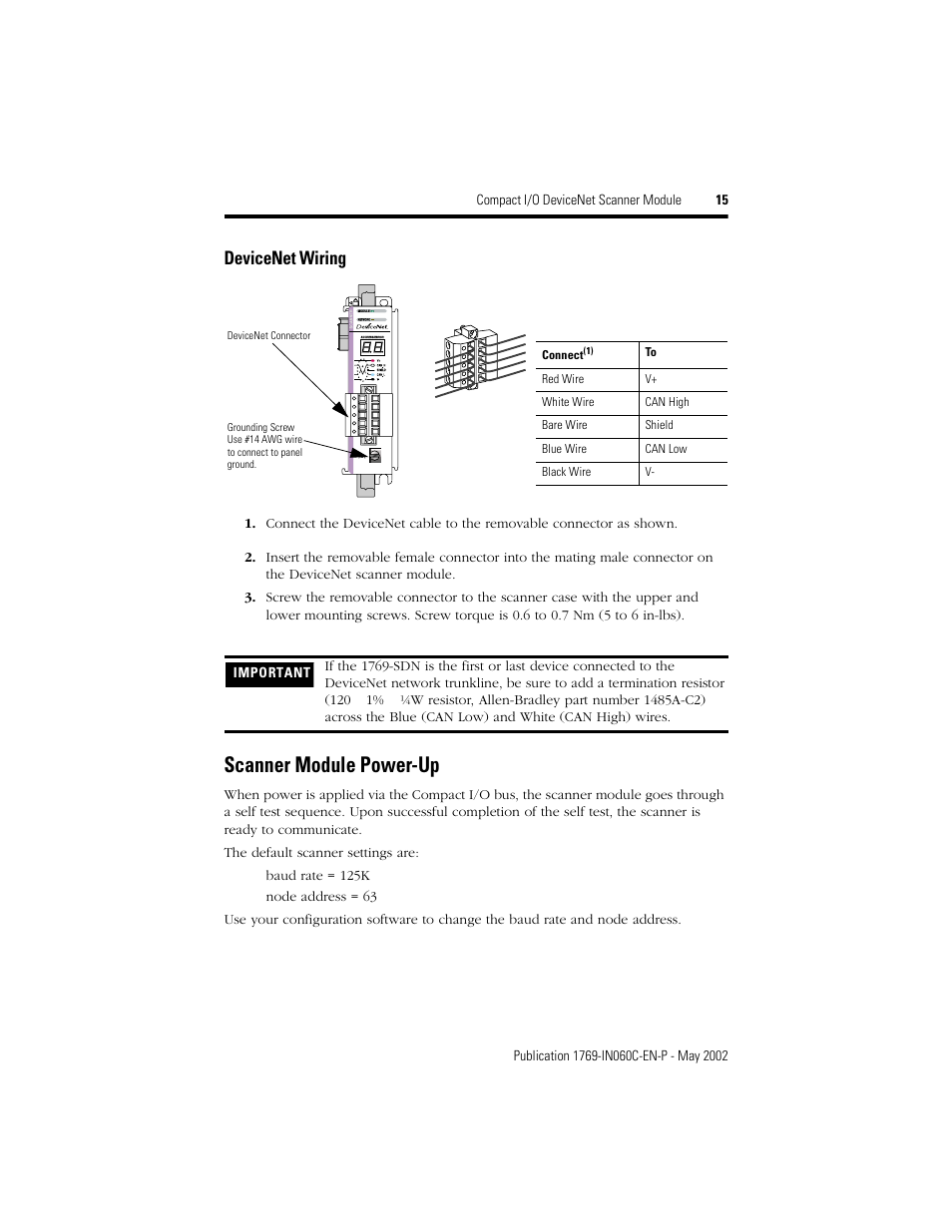 Scanner module power-up, Devicenet wiring | Rockwell Automation 1769-SDN Compact I/O DeviceNet Scanner Module Installation Instructions User Manual | Page 15 / 24
