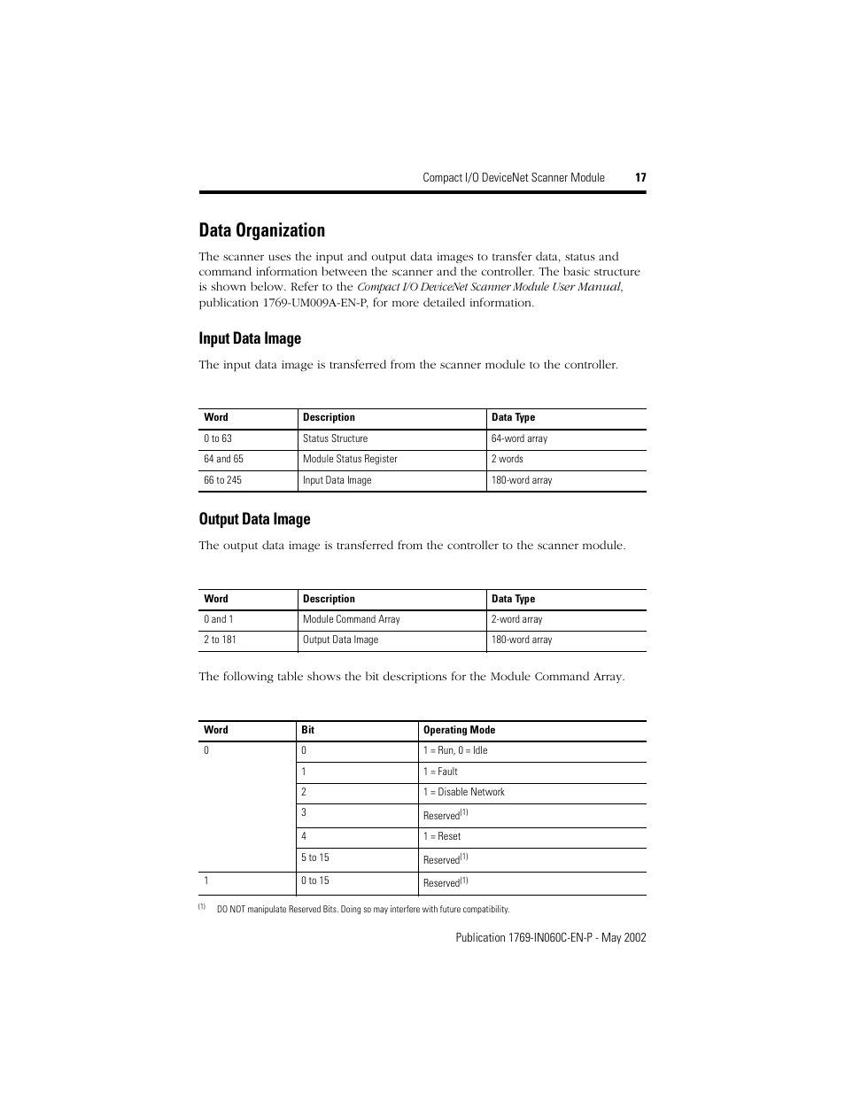 Data organization, Input data image, Output data image | Rockwell Automation 1769-SDN Compact I/O DeviceNet Scanner Module Installation Instructions User Manual | Page 17 / 24