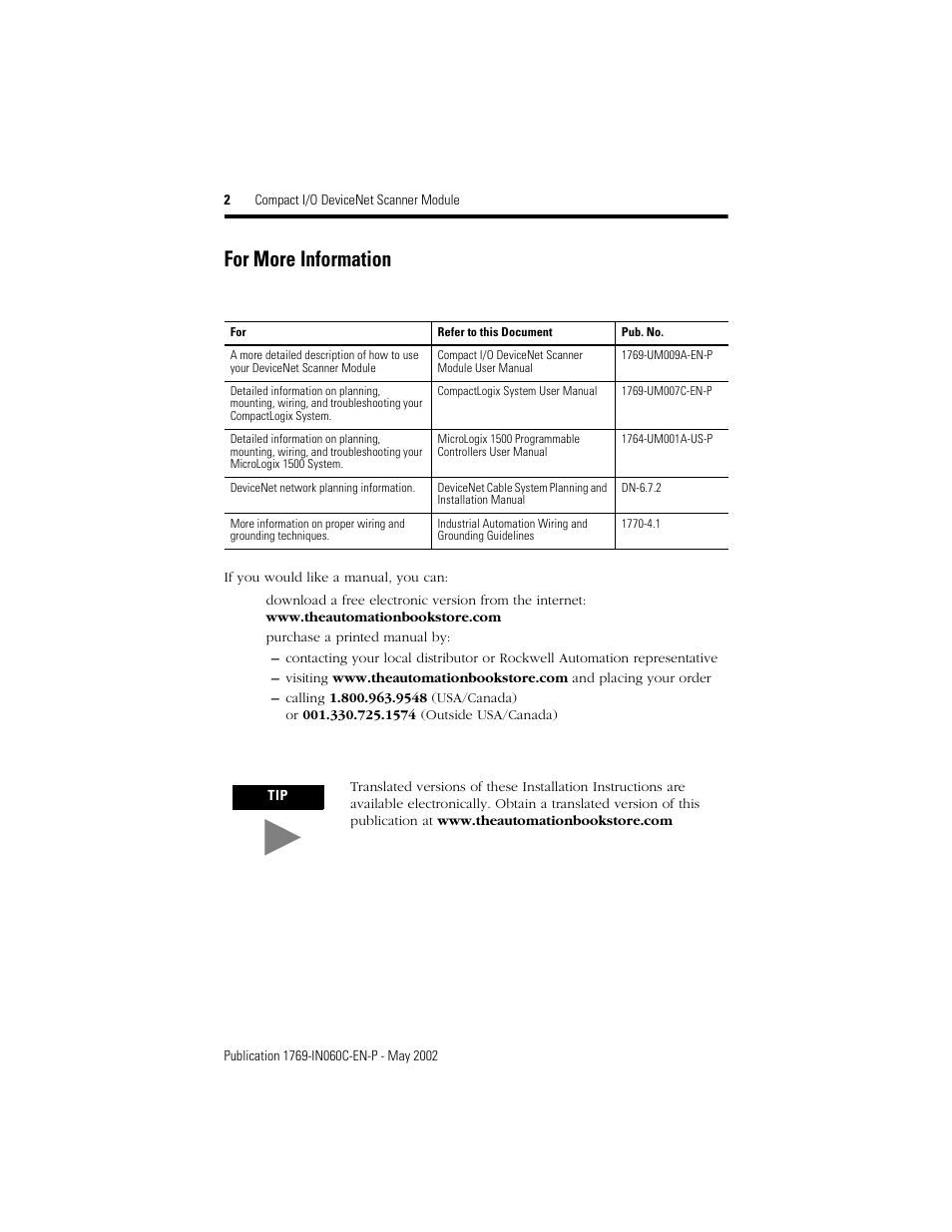 For more information | Rockwell Automation 1769-SDN Compact I/O DeviceNet Scanner Module Installation Instructions User Manual | Page 2 / 24