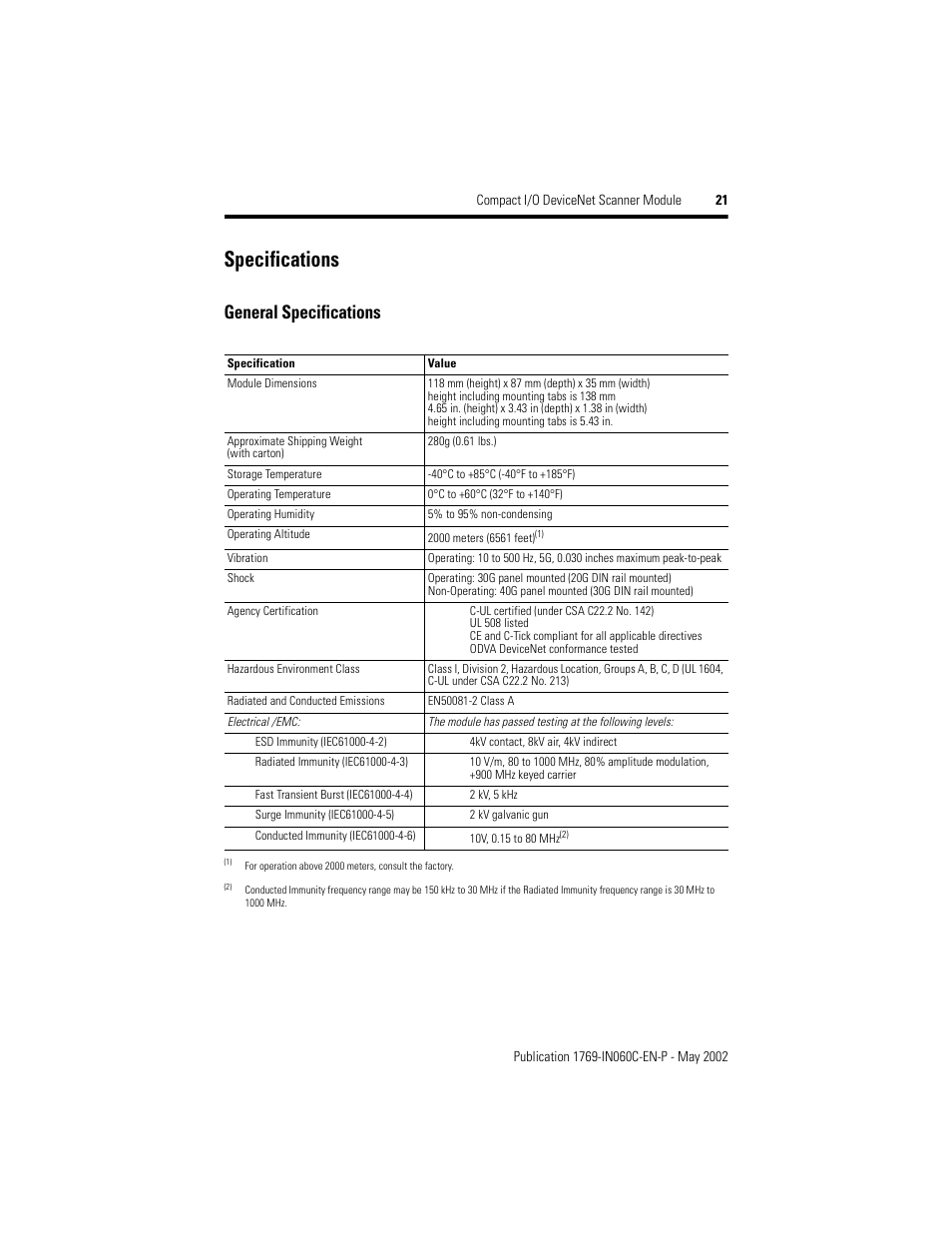 Specifications, General specifications | Rockwell Automation 1769-SDN Compact I/O DeviceNet Scanner Module Installation Instructions User Manual | Page 21 / 24