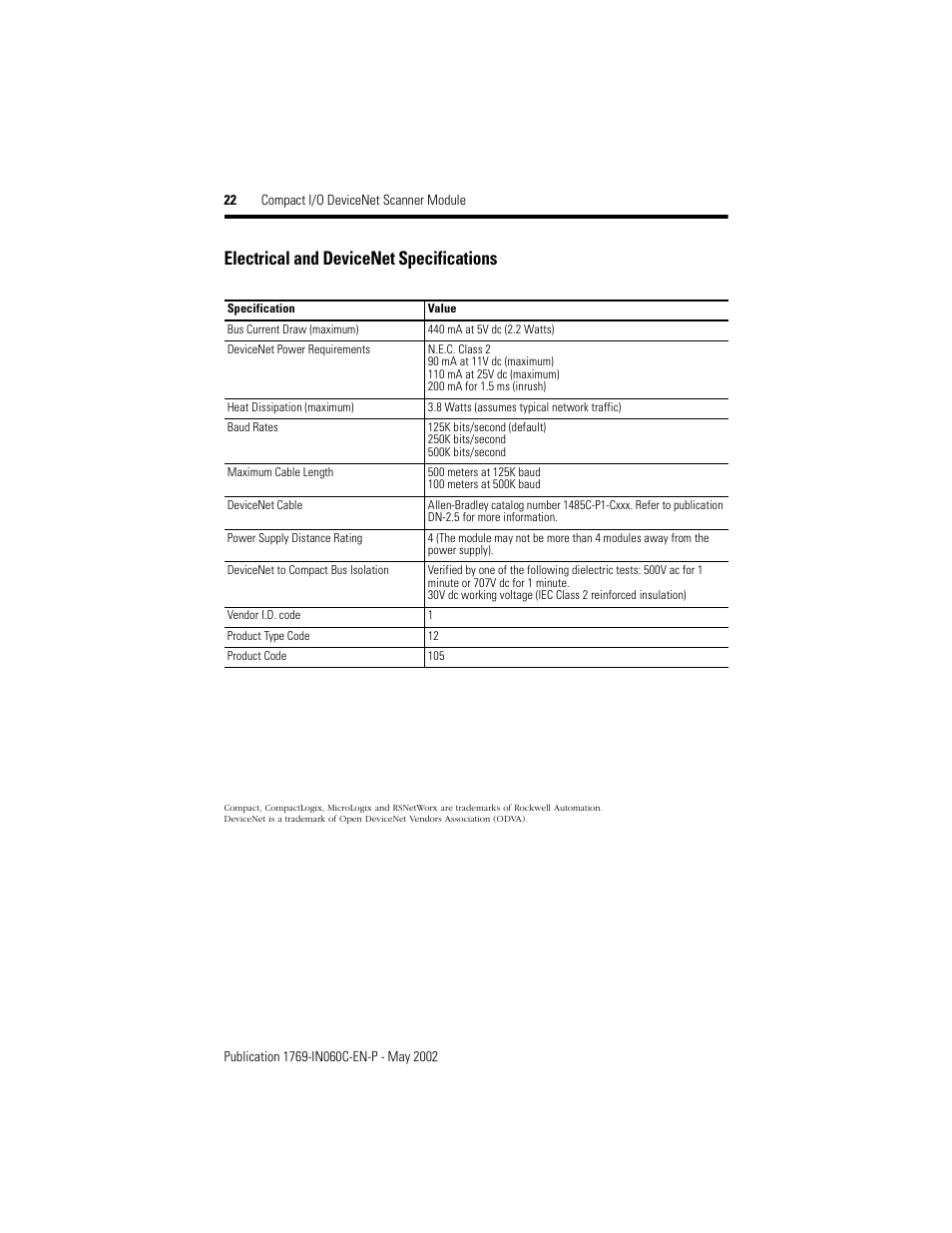 Electrical and devicenet specifications | Rockwell Automation 1769-SDN Compact I/O DeviceNet Scanner Module Installation Instructions User Manual | Page 22 / 24