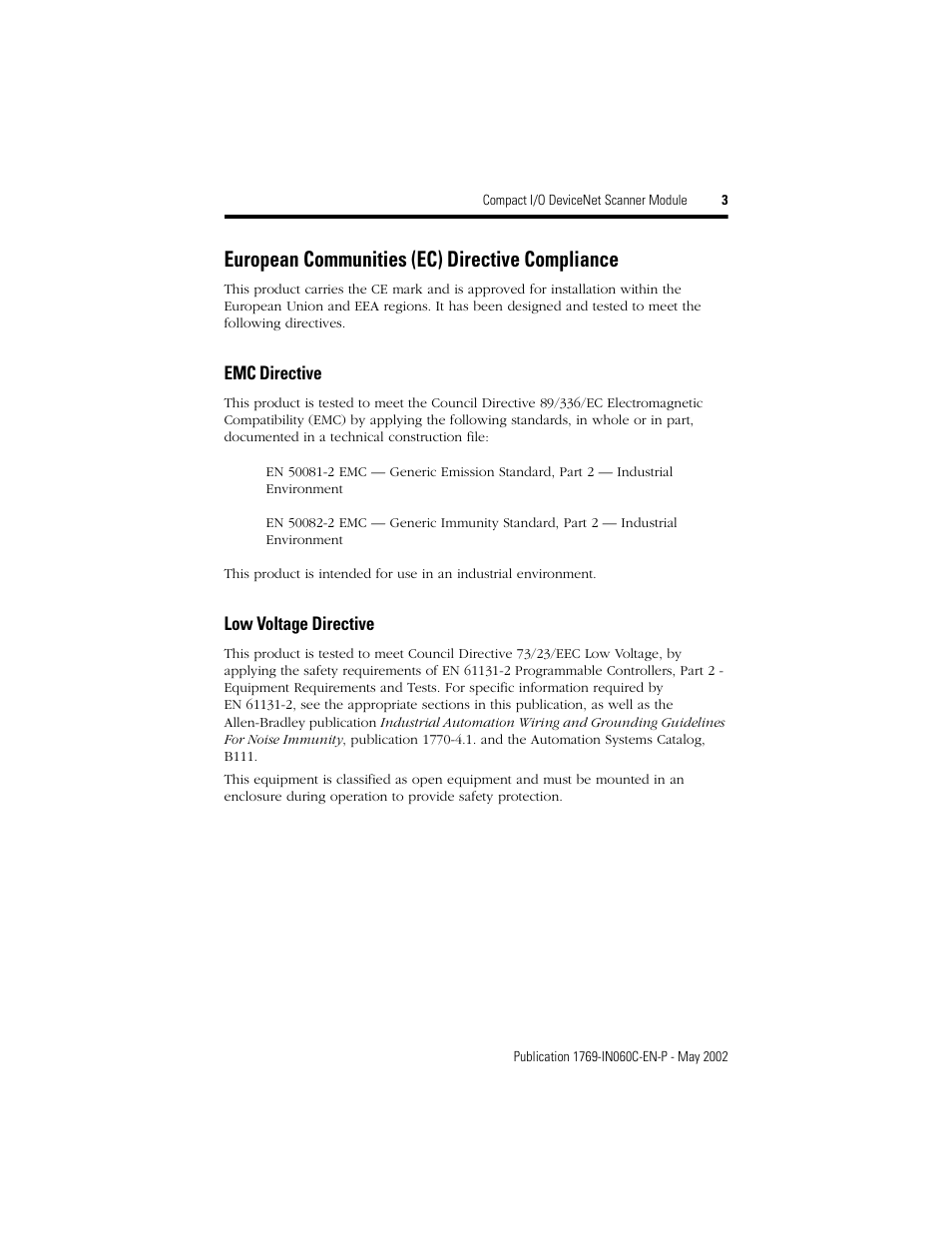 European communities (ec) directive compliance | Rockwell Automation 1769-SDN Compact I/O DeviceNet Scanner Module Installation Instructions User Manual | Page 3 / 24