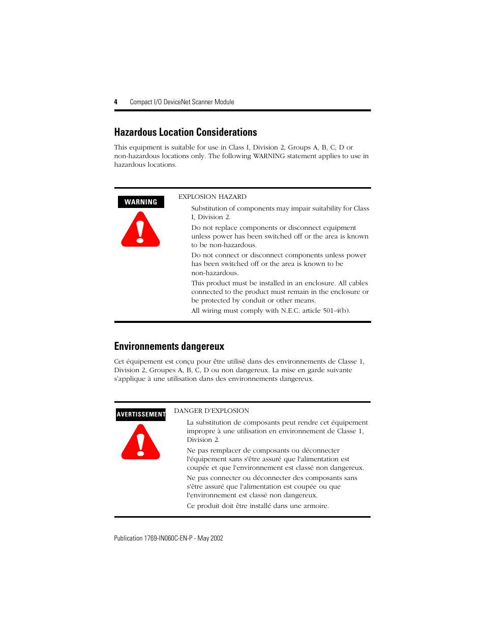 Hazardous location considerations, Environnements dangereux | Rockwell Automation 1769-SDN Compact I/O DeviceNet Scanner Module Installation Instructions User Manual | Page 4 / 24