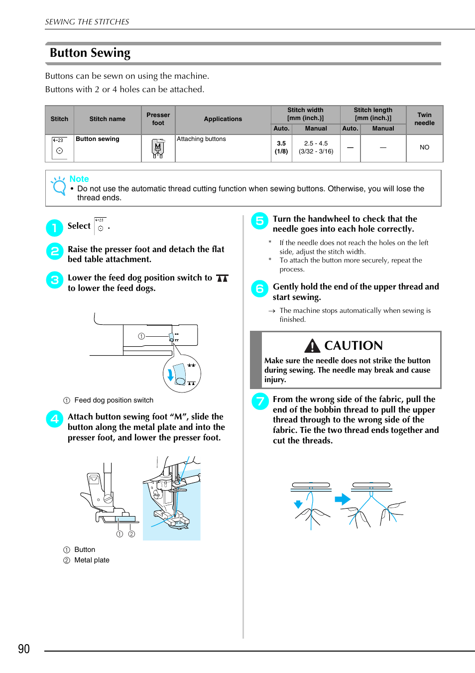 Button sewing, Caution | Brother 882-S90/S91 User Manual | Page 101 / 249