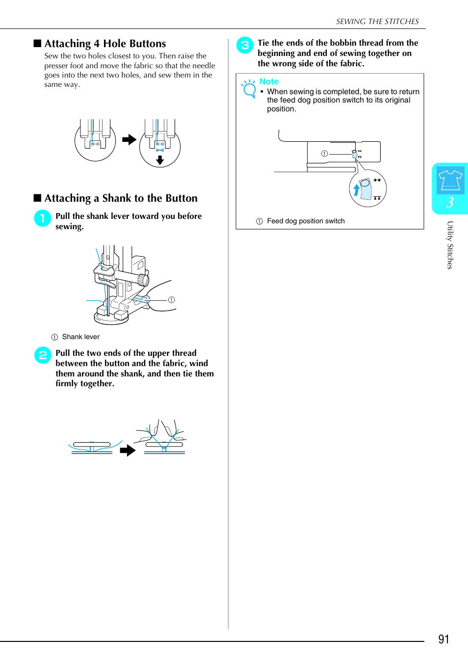 Attaching 4 hole buttons, Attaching a shank to the button | Brother 882-S90/S91 User Manual | Page 102 / 249