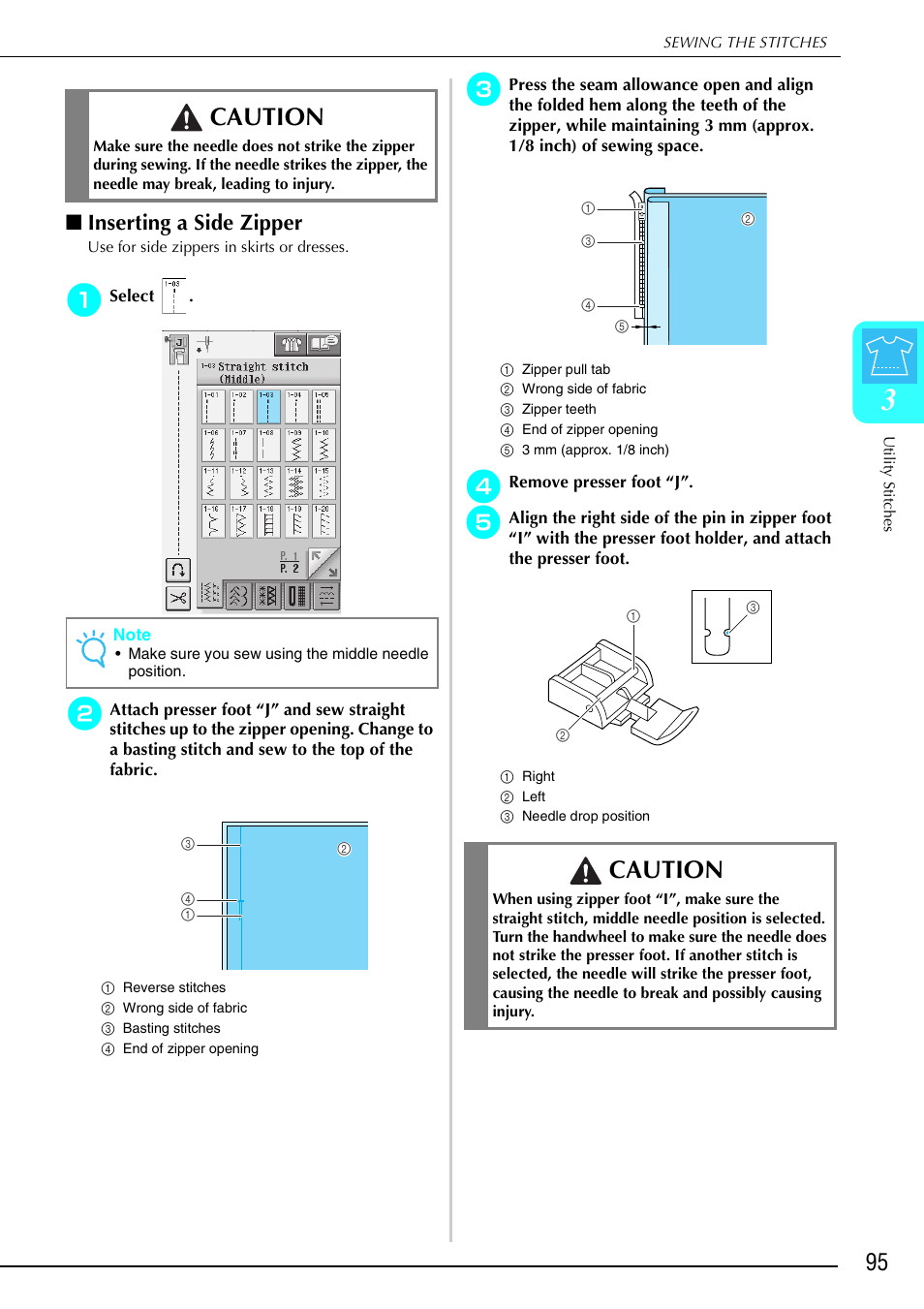 Caution, Inserting a side zipper | Brother 882-S90/S91 User Manual | Page 106 / 249