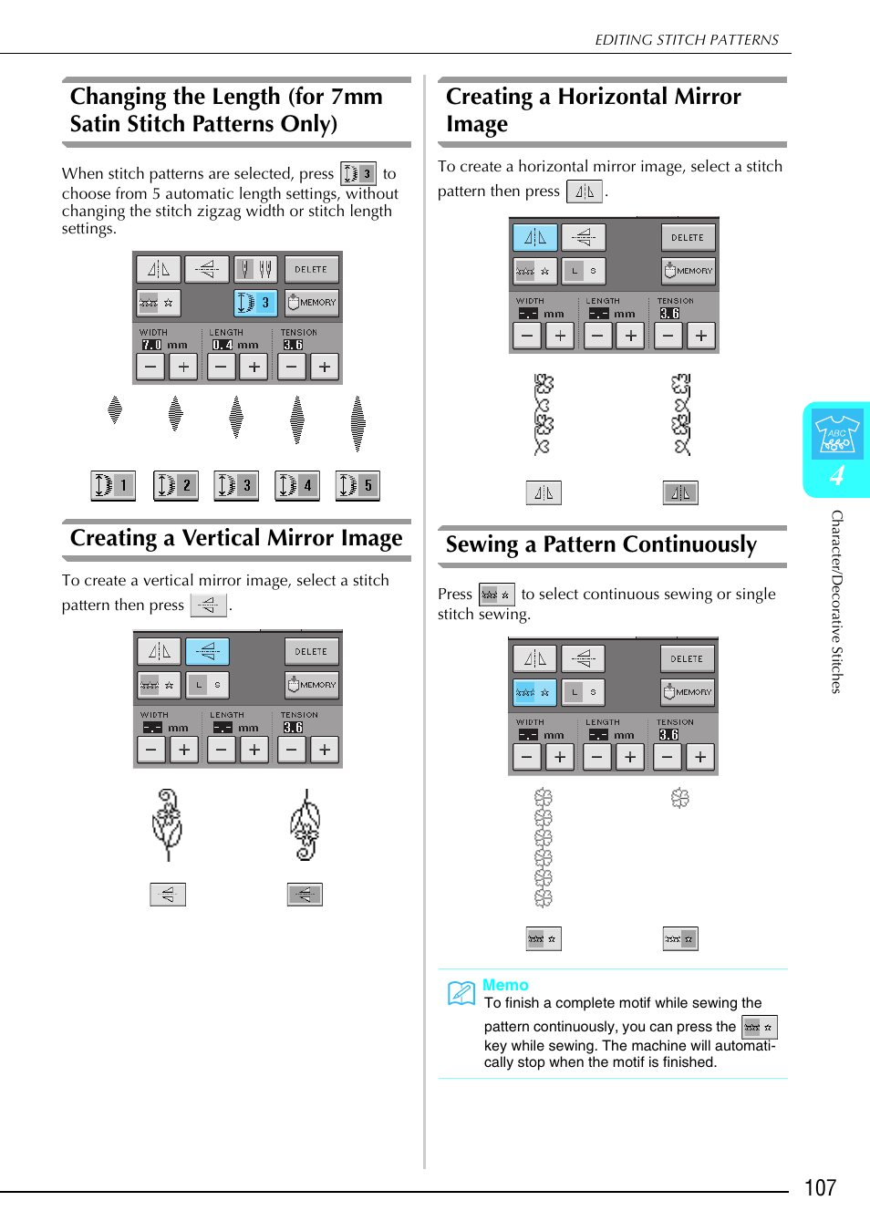Creating a vertical mirror image, Creating a horizontal mirror image, Sewing a pattern continuously | Brother 882-S90/S91 User Manual | Page 118 / 249