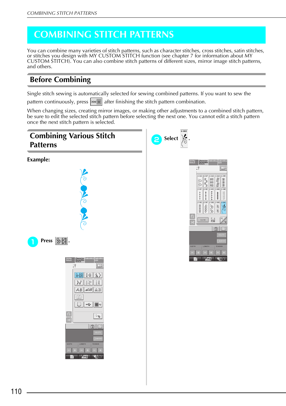 Combining stitch patterns, Before combining, Combining various stitch patterns | Brother 882-S90/S91 User Manual | Page 121 / 249