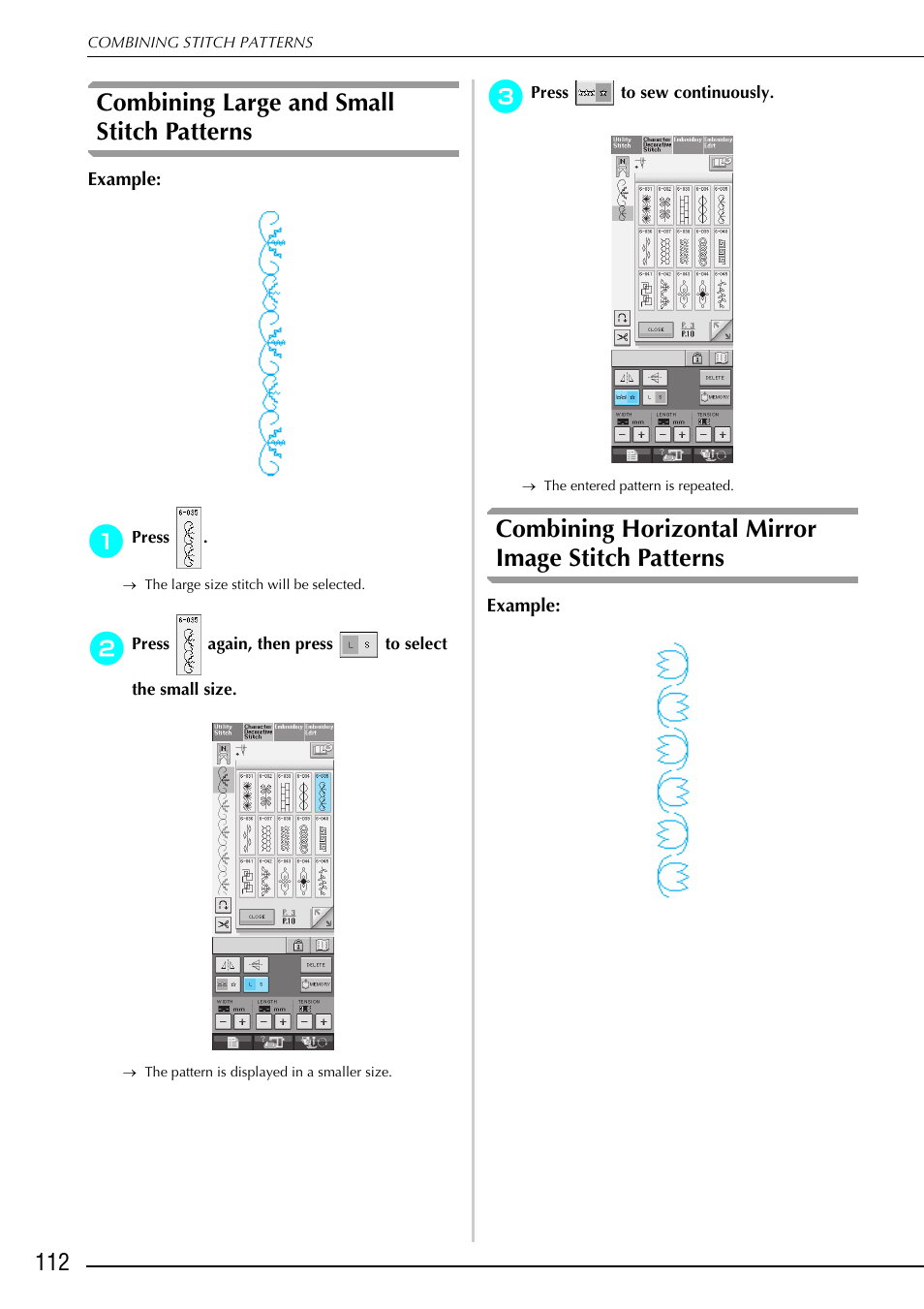Combining large and small stitch patterns, Combining horizontal mirror image stitch patterns | Brother 882-S90/S91 User Manual | Page 123 / 249