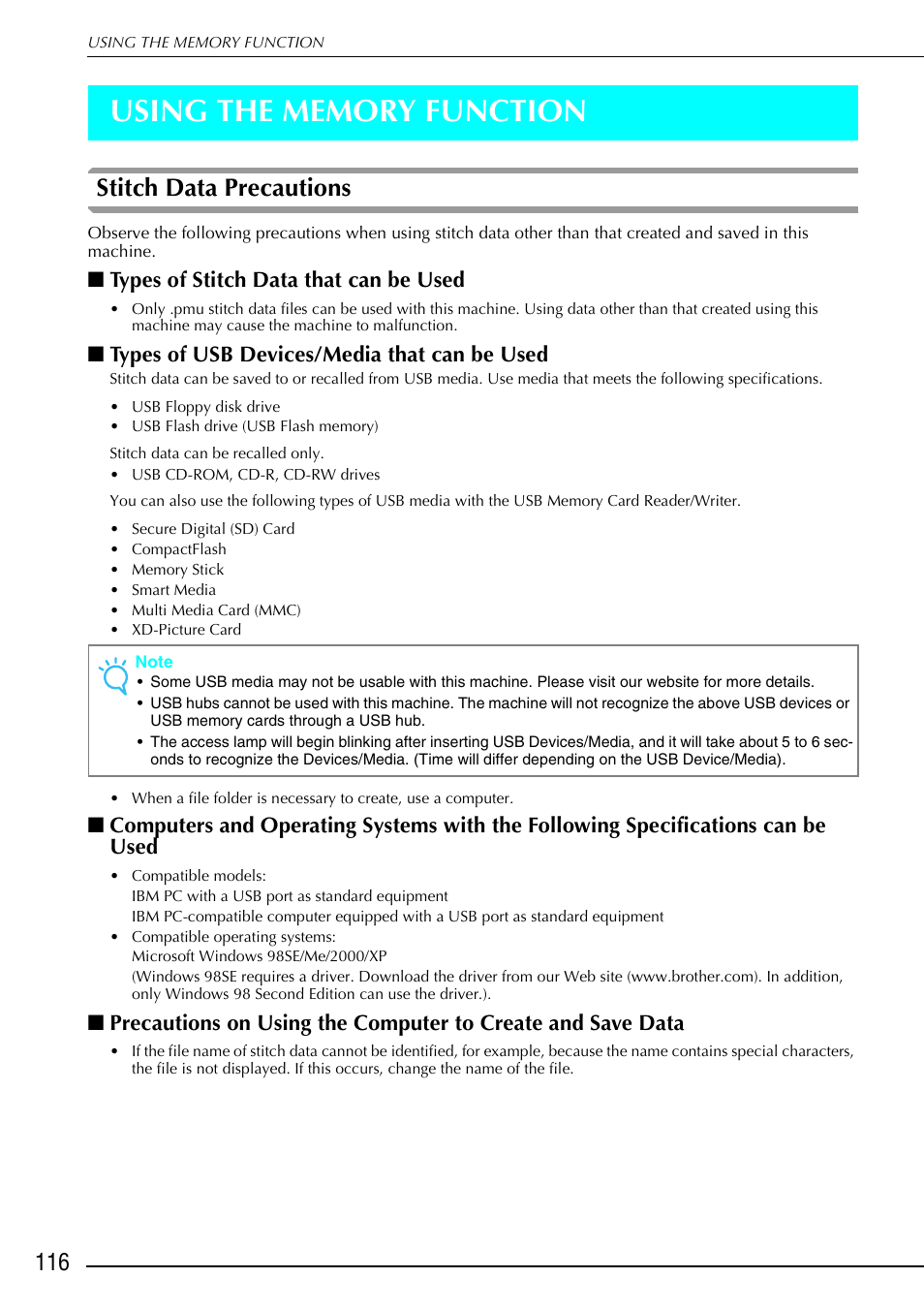 Stitch data precautions, Types of stitch data that can be used, Types of usb devices/media that can be used | Brother 882-S90/S91 User Manual | Page 127 / 249