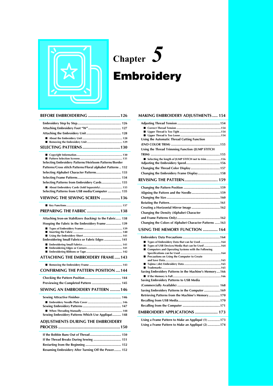 Embroidery, Chapter | Brother 882-S90/S91 User Manual | Page 136 / 249