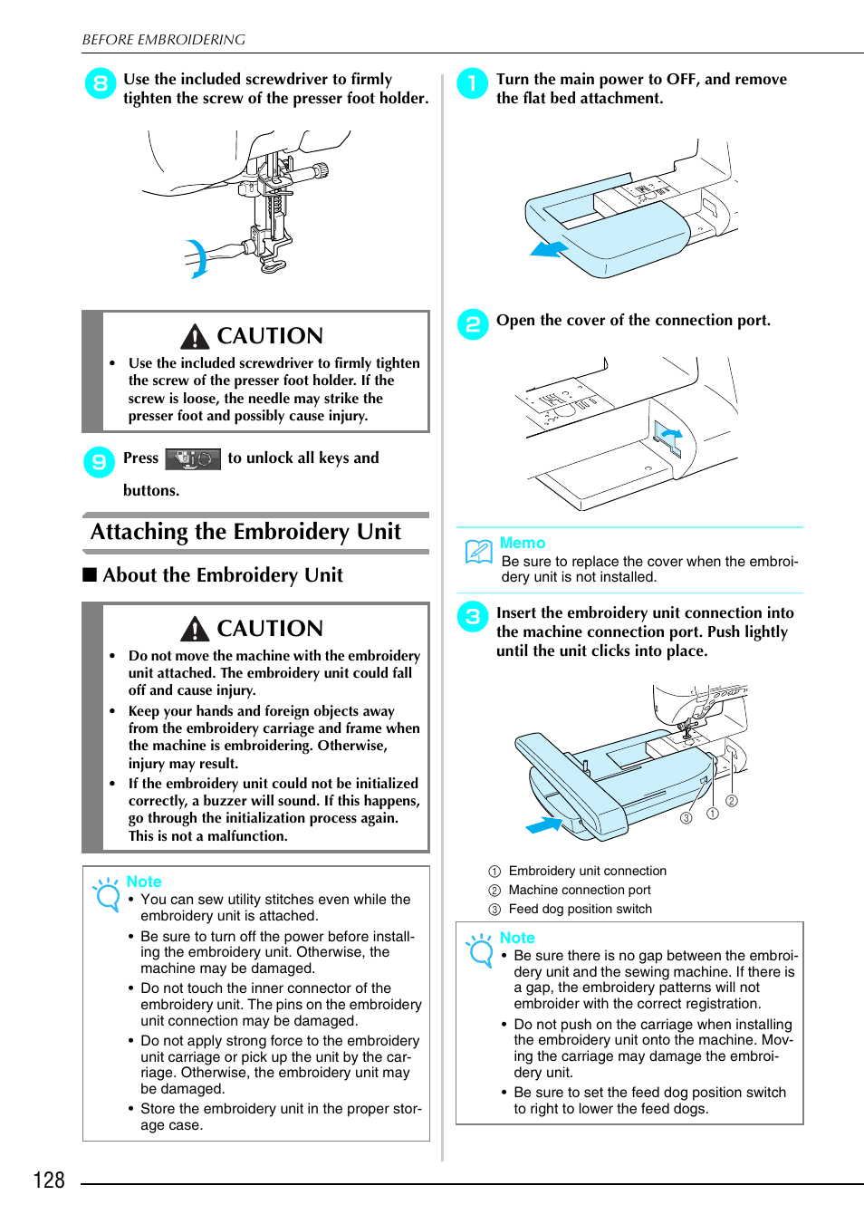 Attaching the embroidery unit, Caution, About the embroidery unit | Brother 882-S90/S91 User Manual | Page 139 / 249