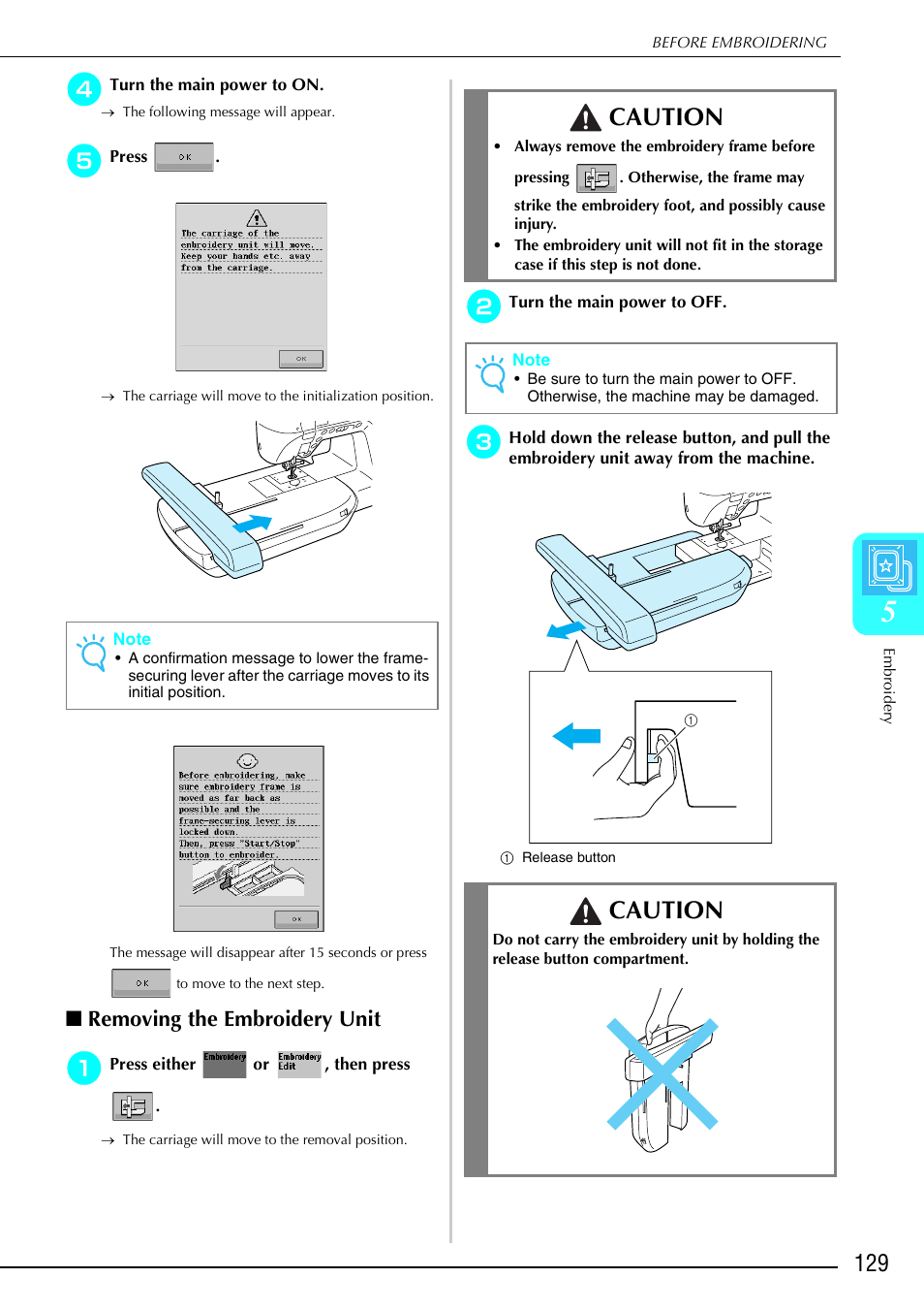 Caution, Removing the embroidery unit | Brother 882-S90/S91 User Manual | Page 140 / 249